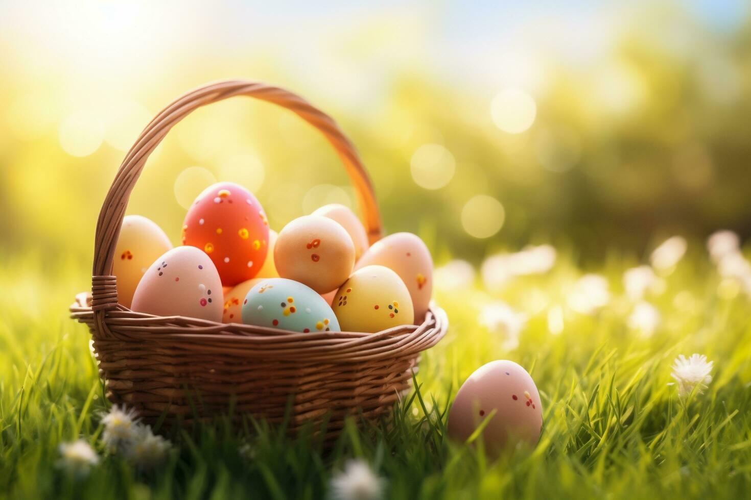 AI generated Easter eggs in basket on green grass with bokeh background photo