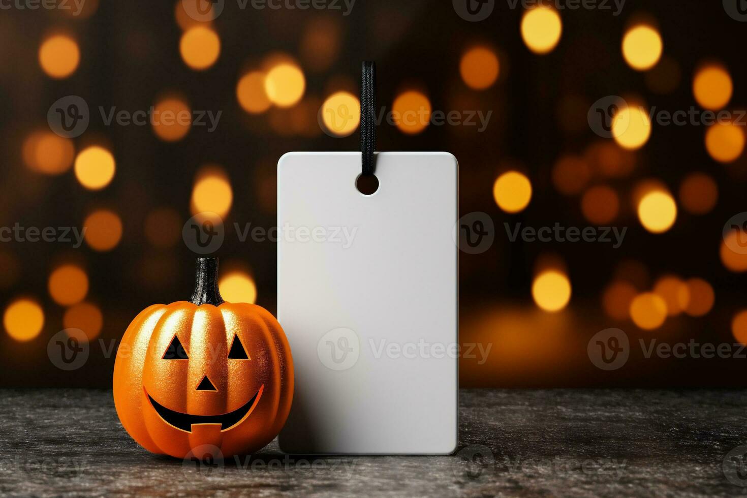 AI generated Halloween pumpkin with blank price tag on bokeh lights background photo