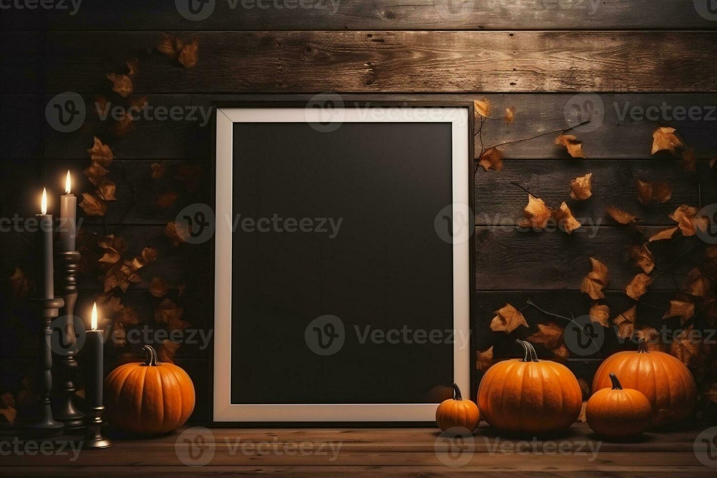 AI generated Blank blackboard and pumpkins on wooden background. Halloween decoration photo