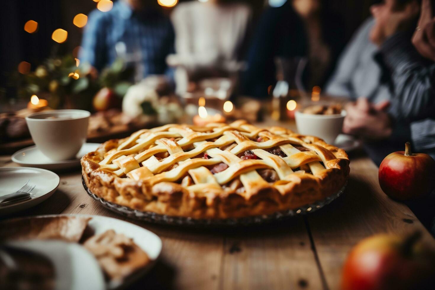 AI generated Delicious homemade apple pie on rustic wooden table with burning candles photo