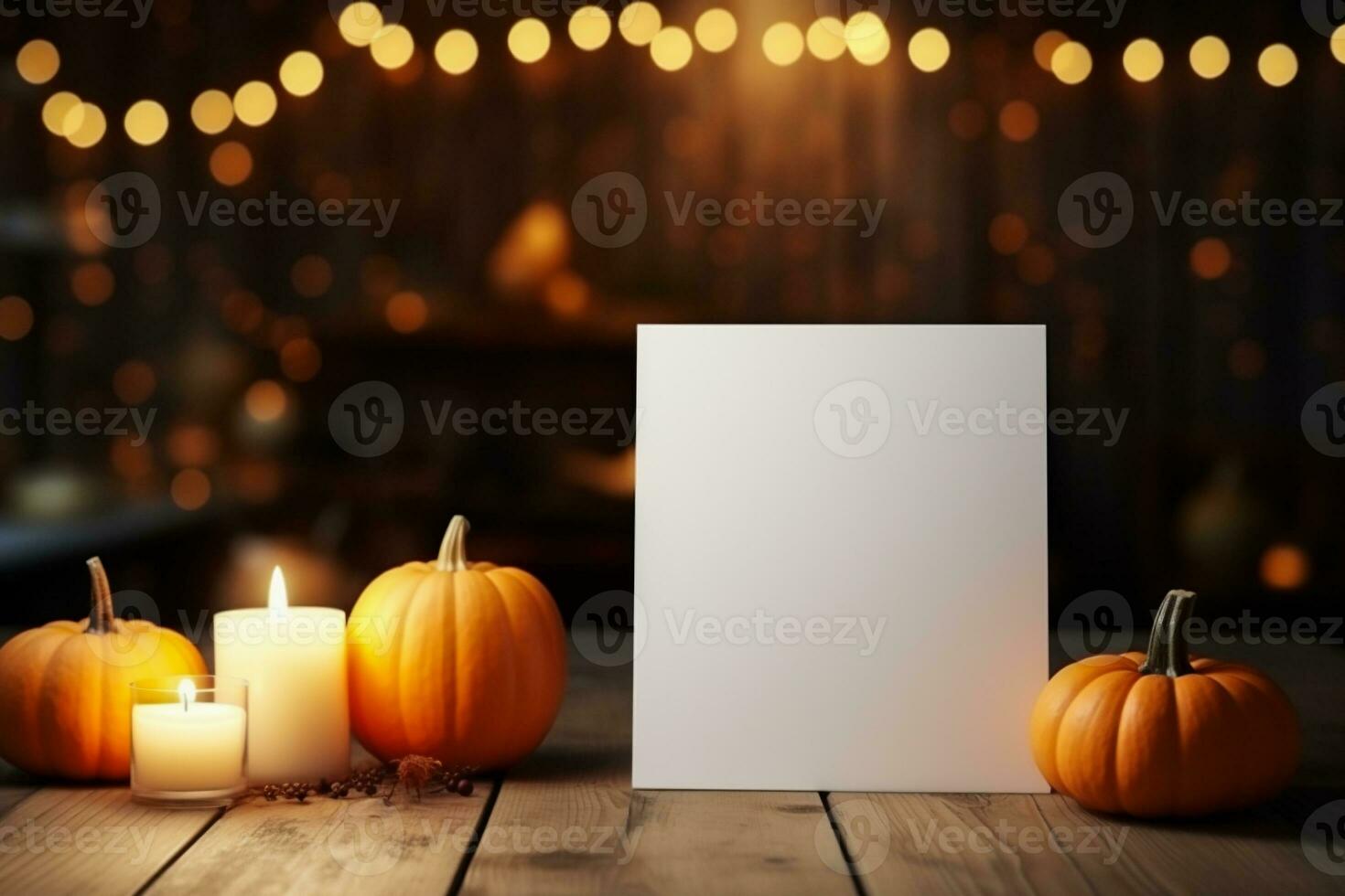 AI generated Blank card with pumpkins and candles on wooden table. Halloween background photo