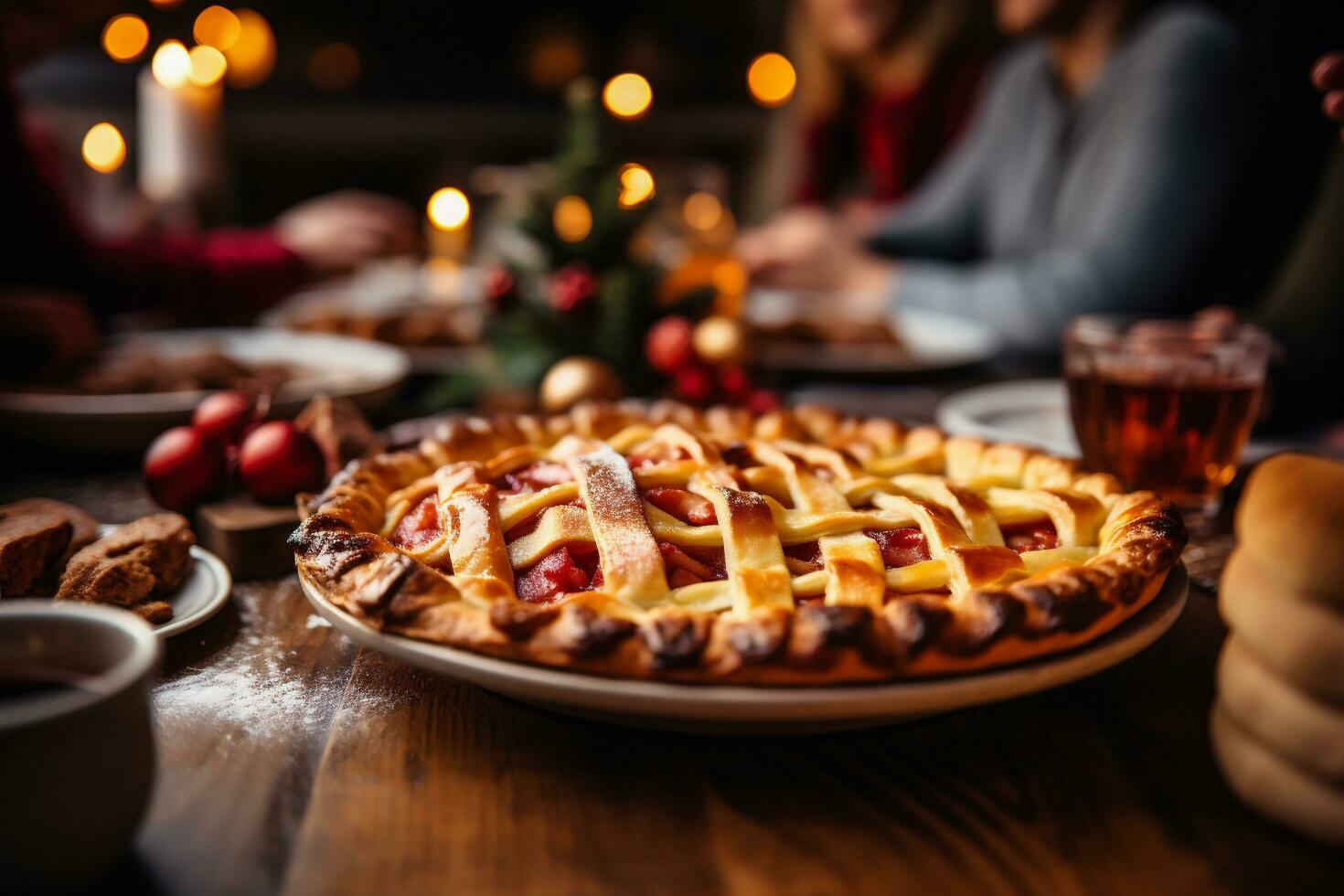 AI generated Delicious homemade apple pie on rustic wooden table with burning candles photo