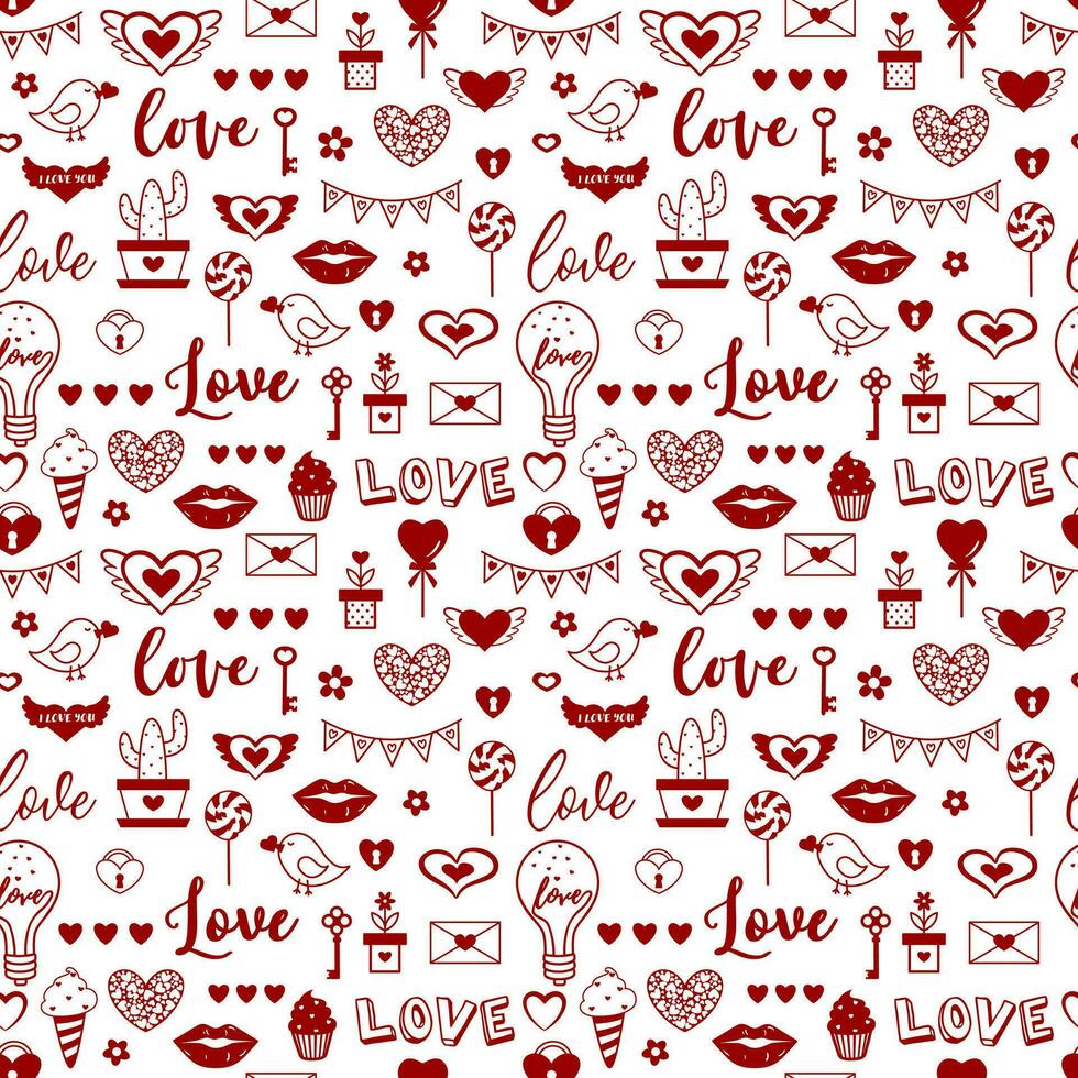 rojo mano dibujado amor corazones y diferente enamorado día romántico sin costura modelo . vector dibujo amor aislado diseño en blanco antecedentes.