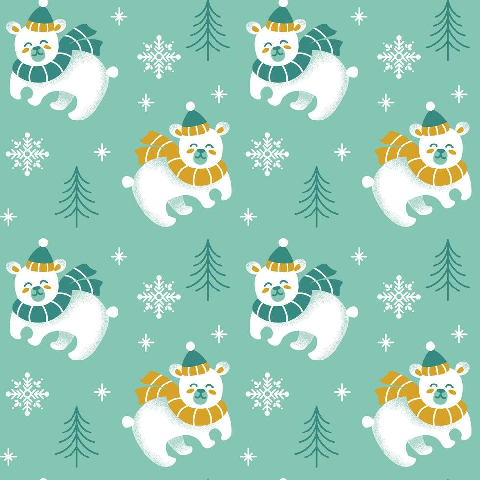 Cute bear in a knitted hat and scarf in the winter forest. Seamless pattern. Vector. vector