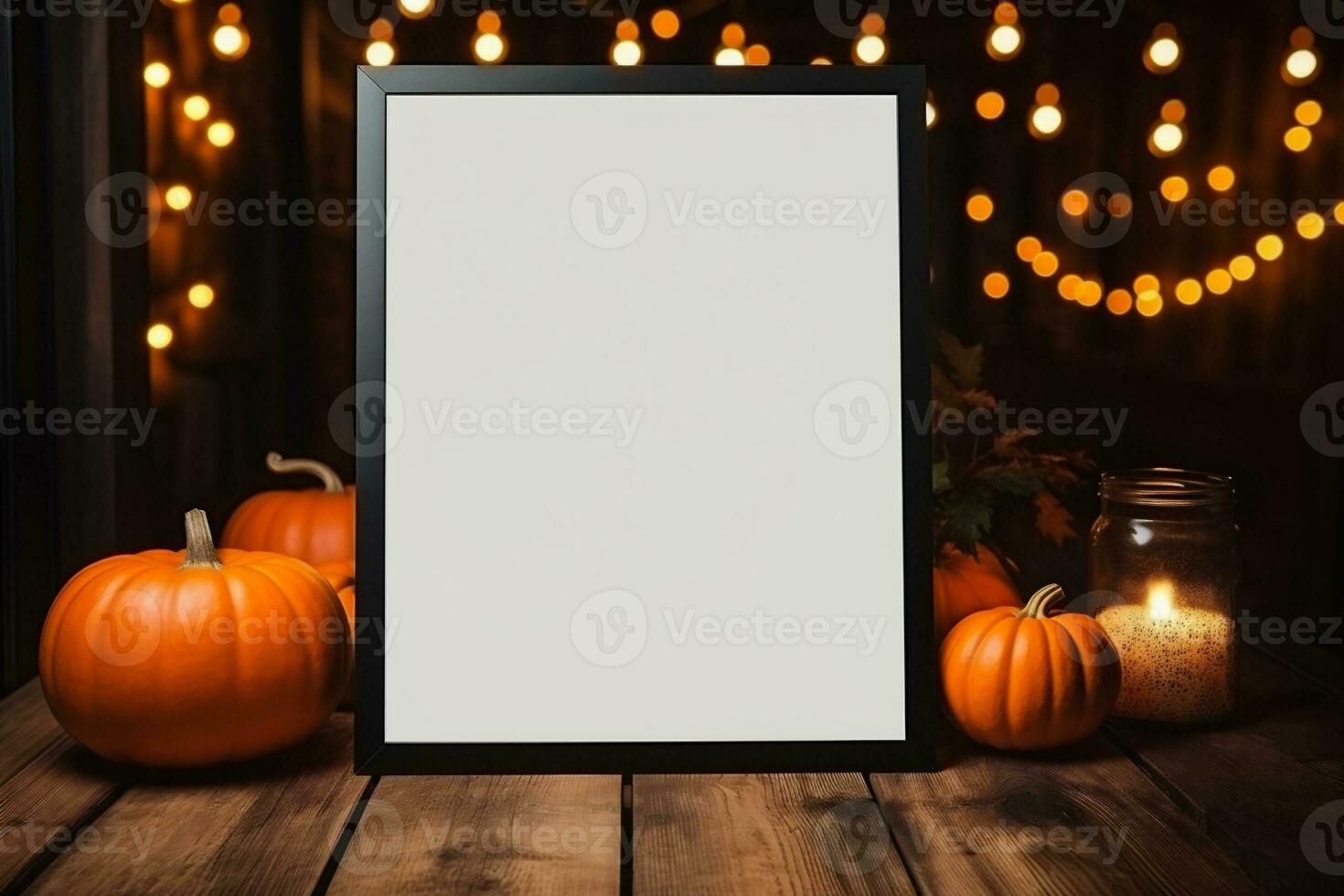 AI generated Pumpkin frame mockup with copy space on wooden table. photo