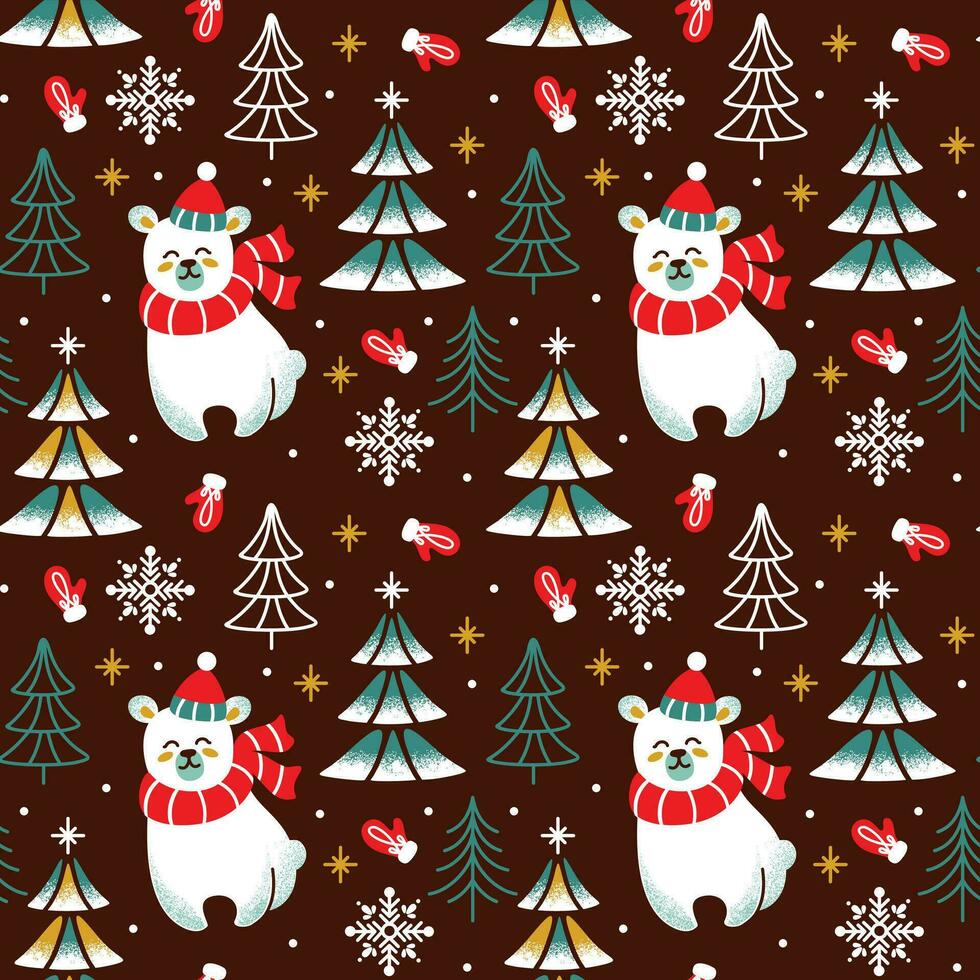 Cute bear in a knitted hat and scarf in the winter forest. Seamless pattern. Vector. vector