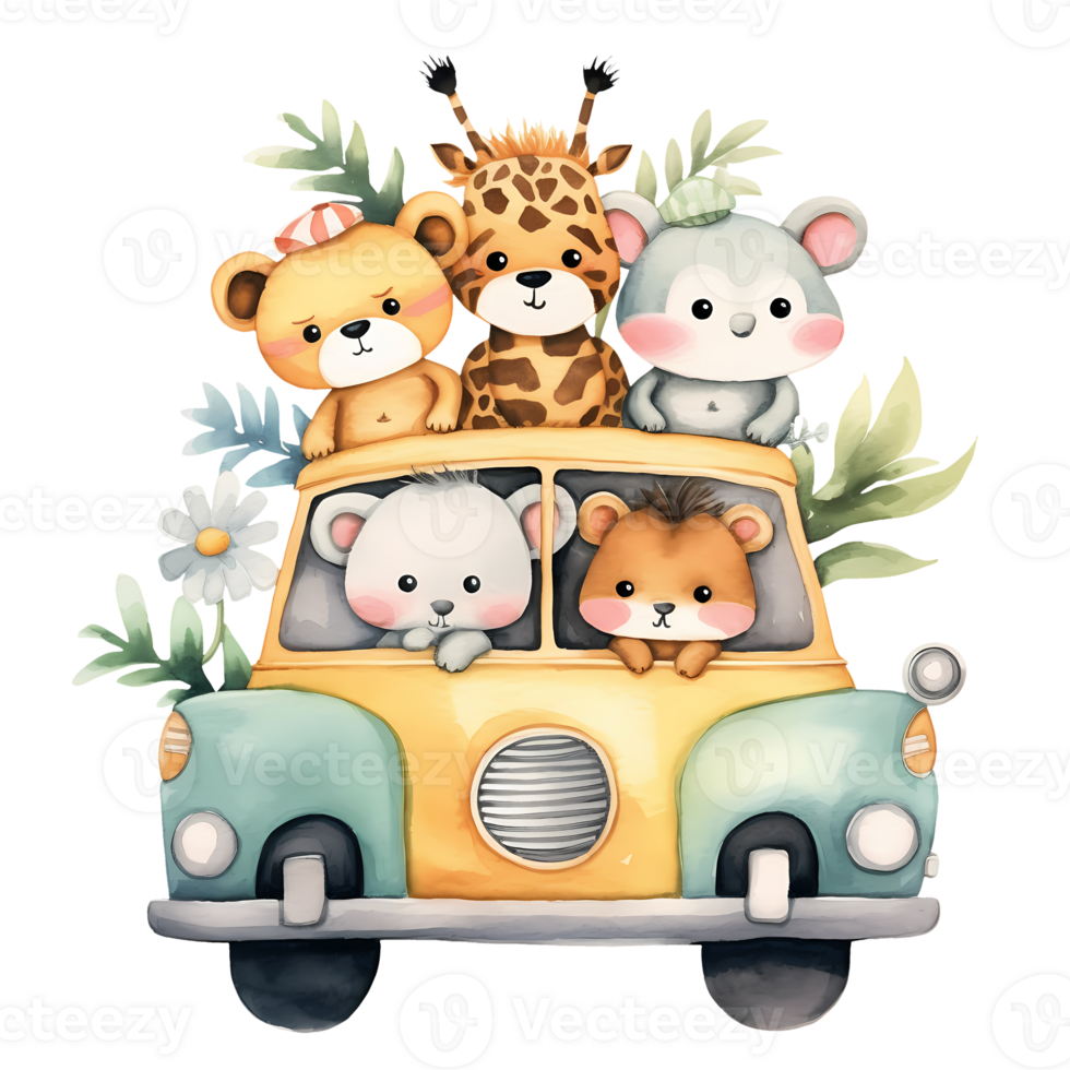 ai généré mignonne peu safari animaux dans voiture aquarelle clipart illustration png