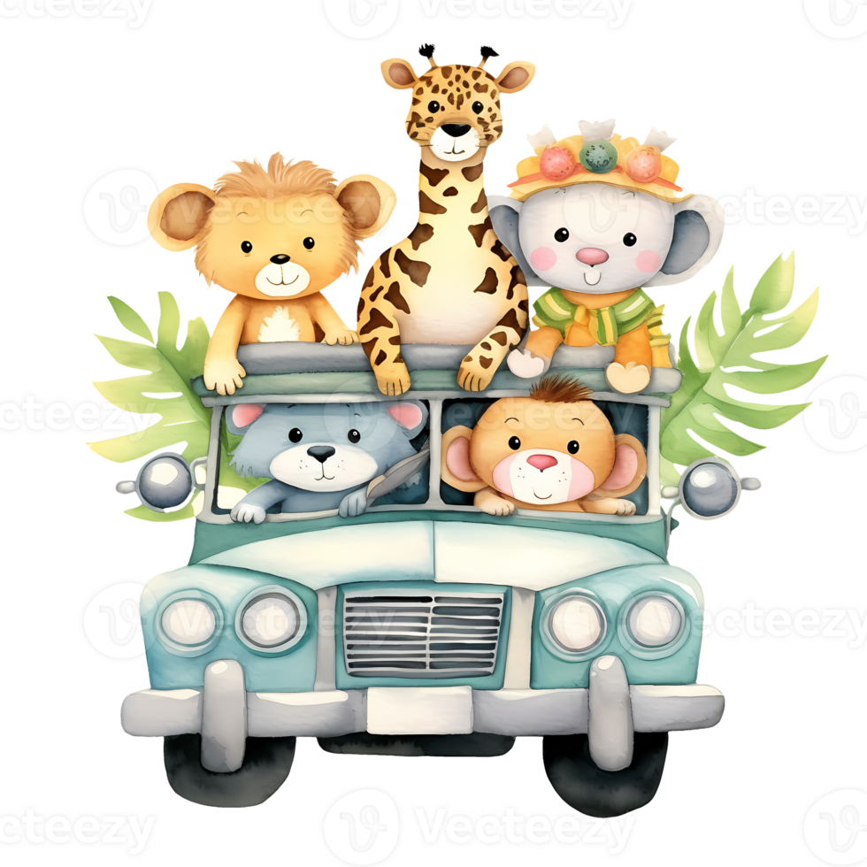 ai généré mignonne peu safari animaux dans voiture aquarelle clipart illustration png