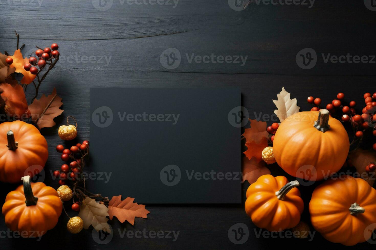 AI generated Autumn background with pumpkins, leaves and berries on black wooden background photo