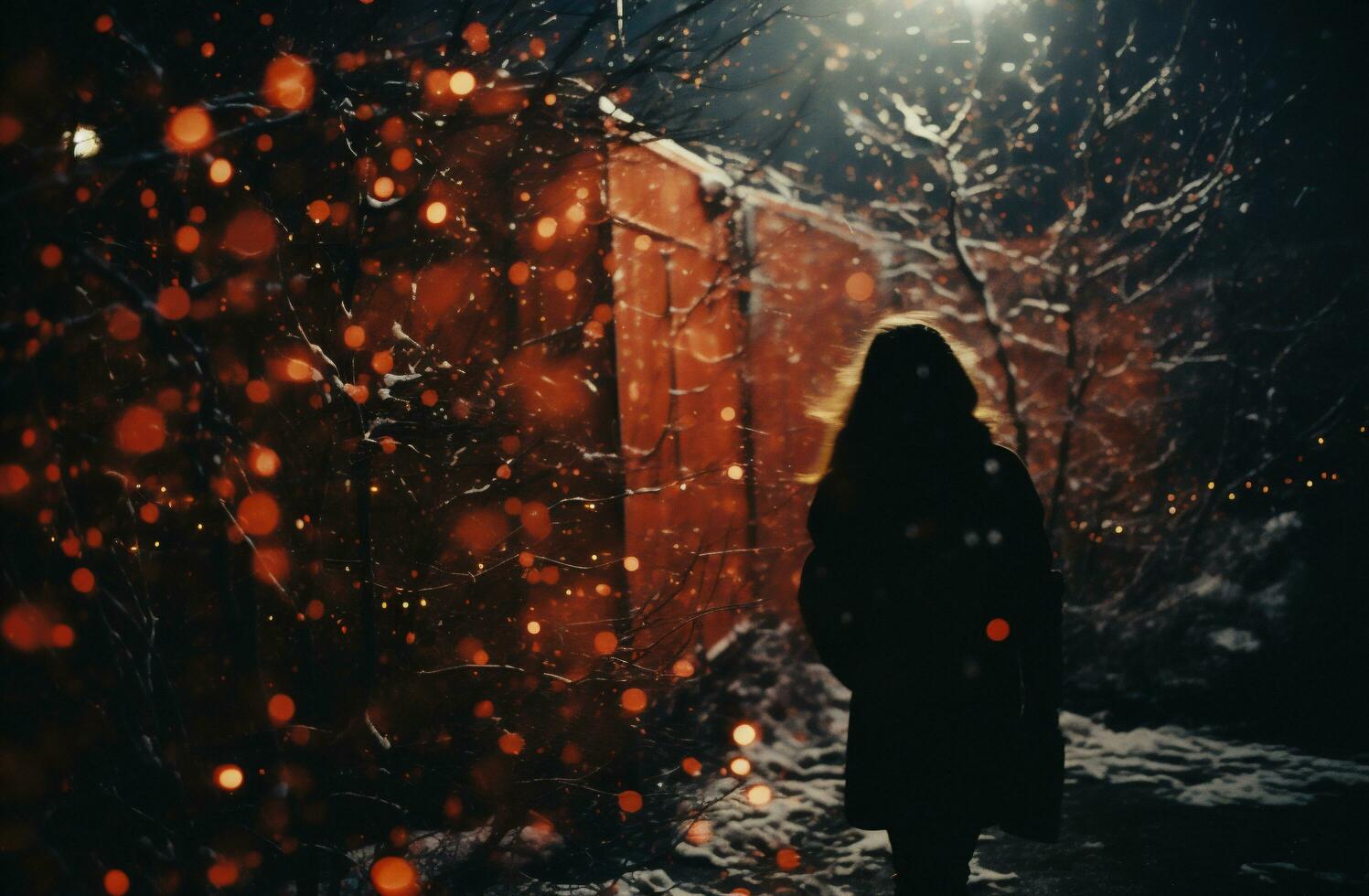 AI generated A girl in a coat walks through the winter forest at night. Snowfall. photo