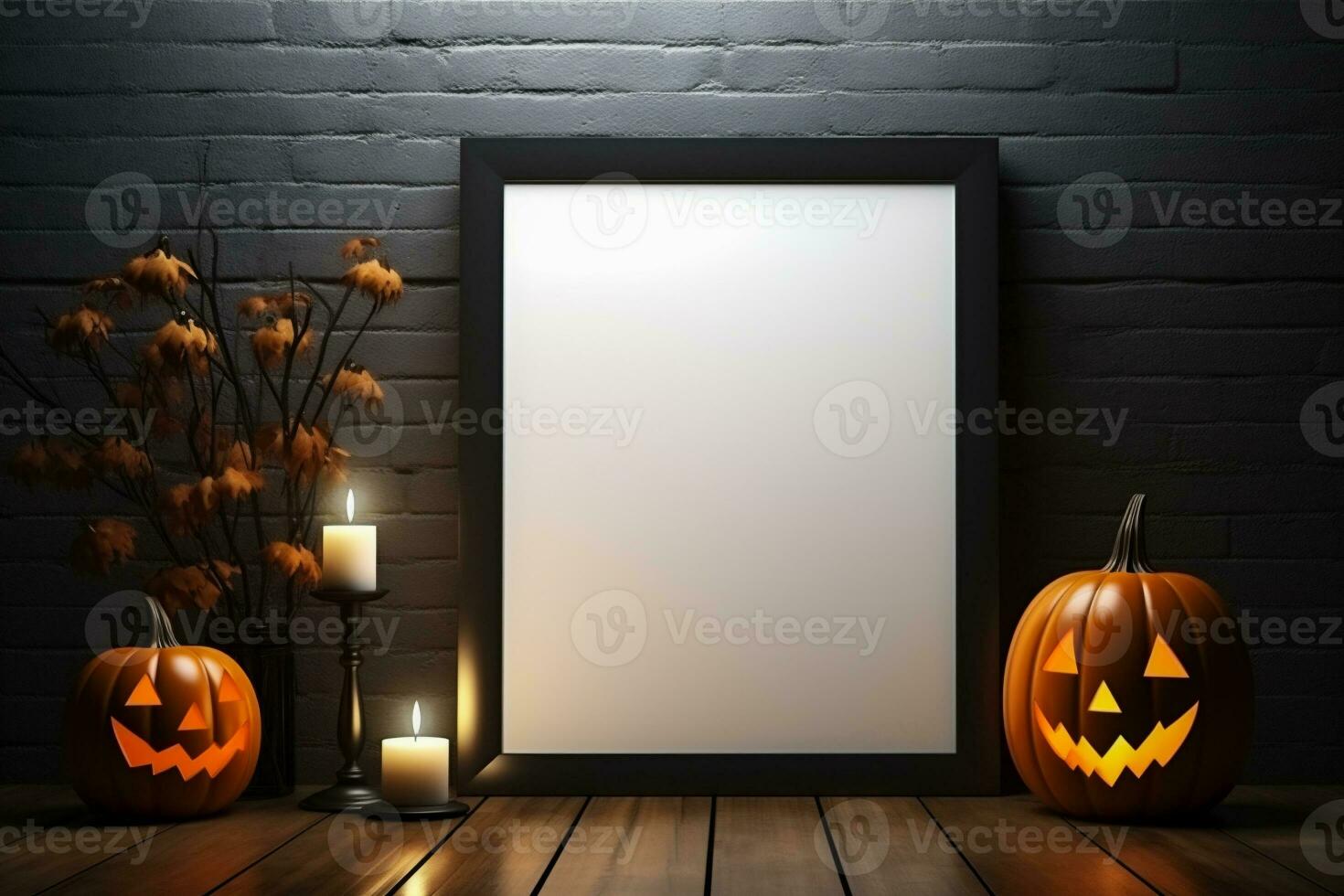 AI generated Halloween background with pumpkins, candles and empty frame on black brick wall photo