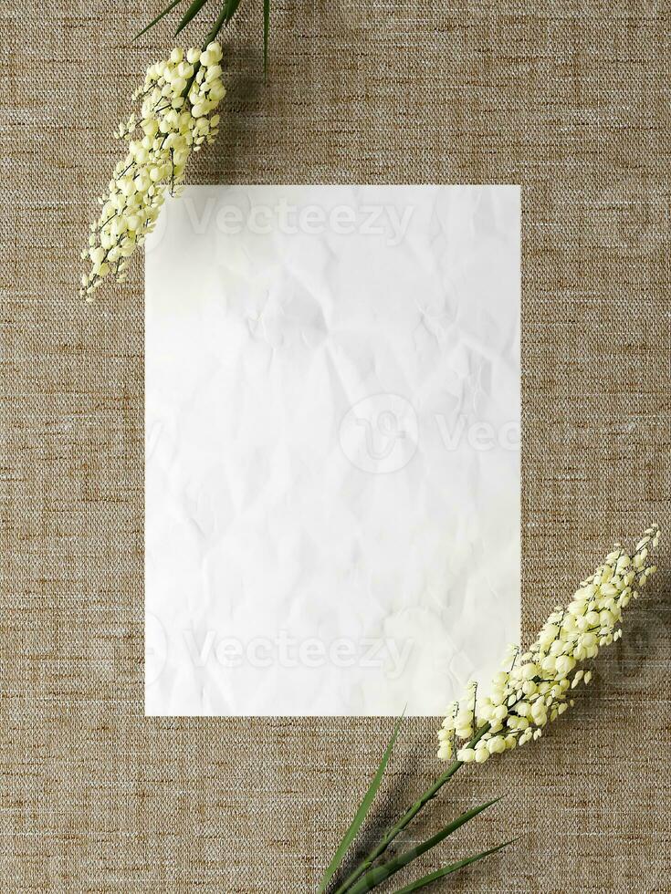 Poster mockup scene with rustic natural materials and agave flowers photo
