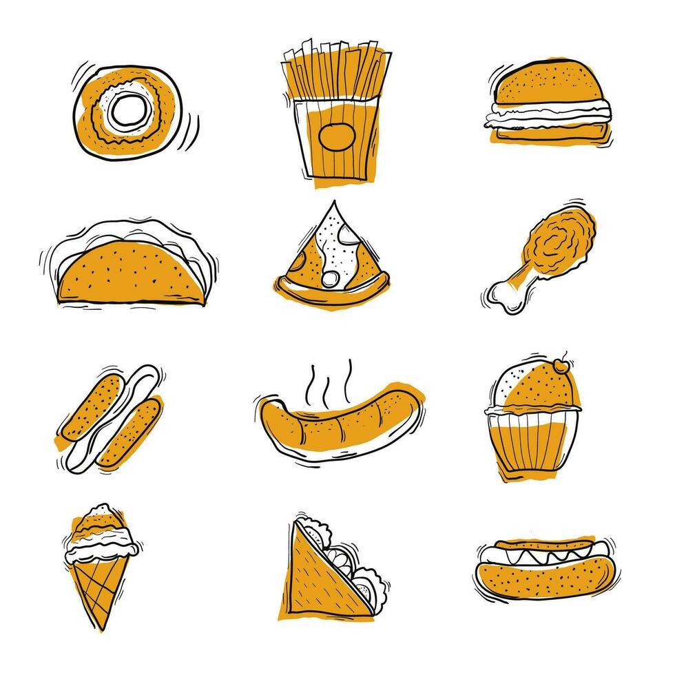 Doodle illustration of fast food symbols hand drawn style .fast food icons. vector
