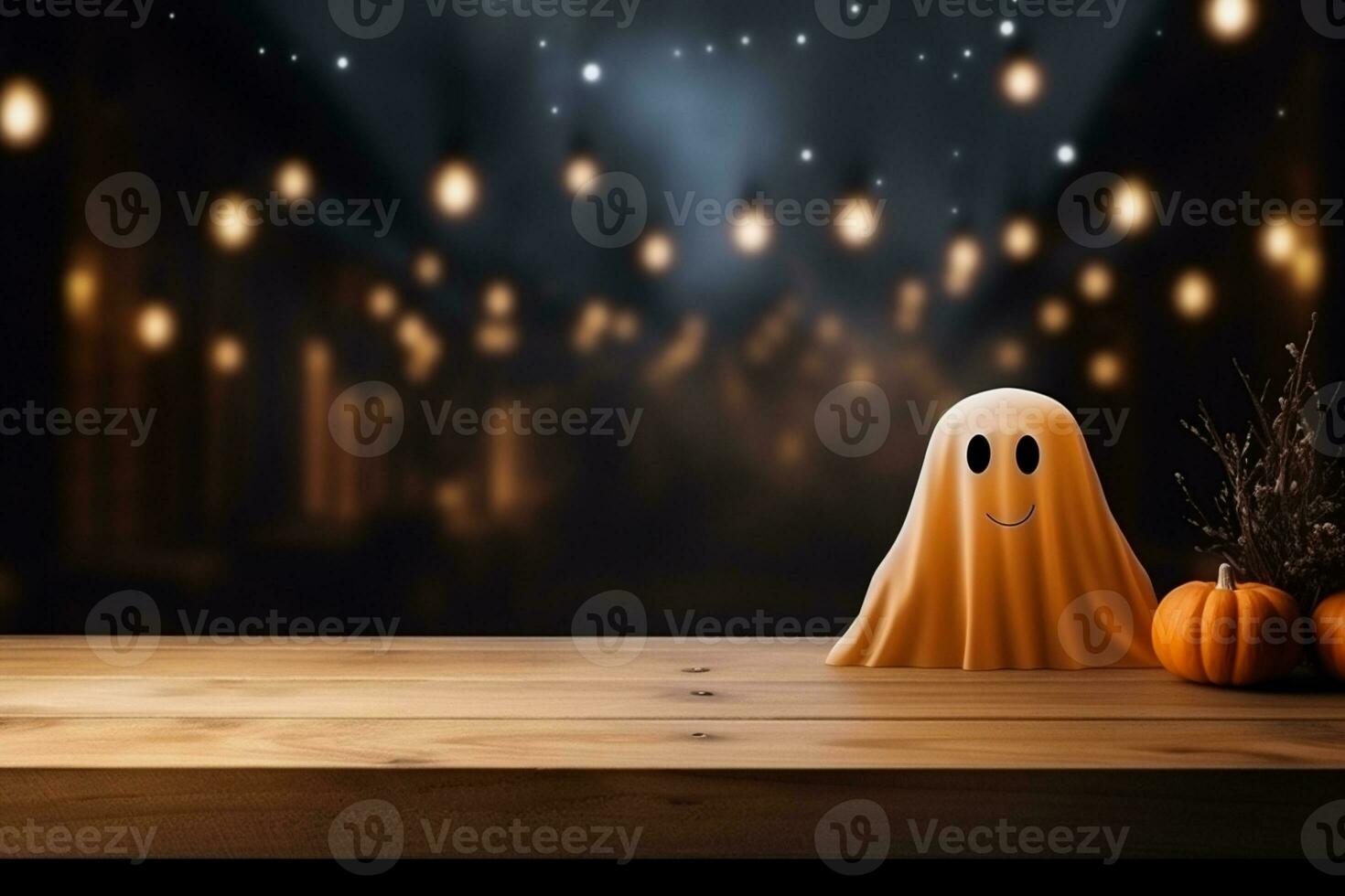 AI generated Halloween holiday background with empty wooden table and ghost. Mock up photo
