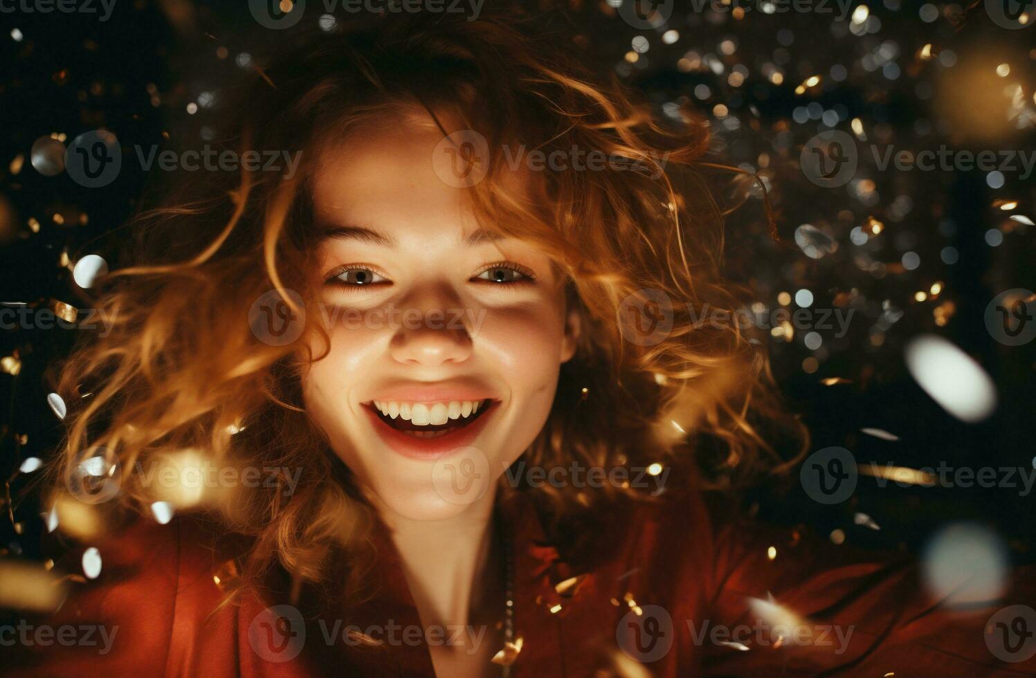 AI generated Portrait of a beautiful young woman with curly red hair in a red jacket. photo