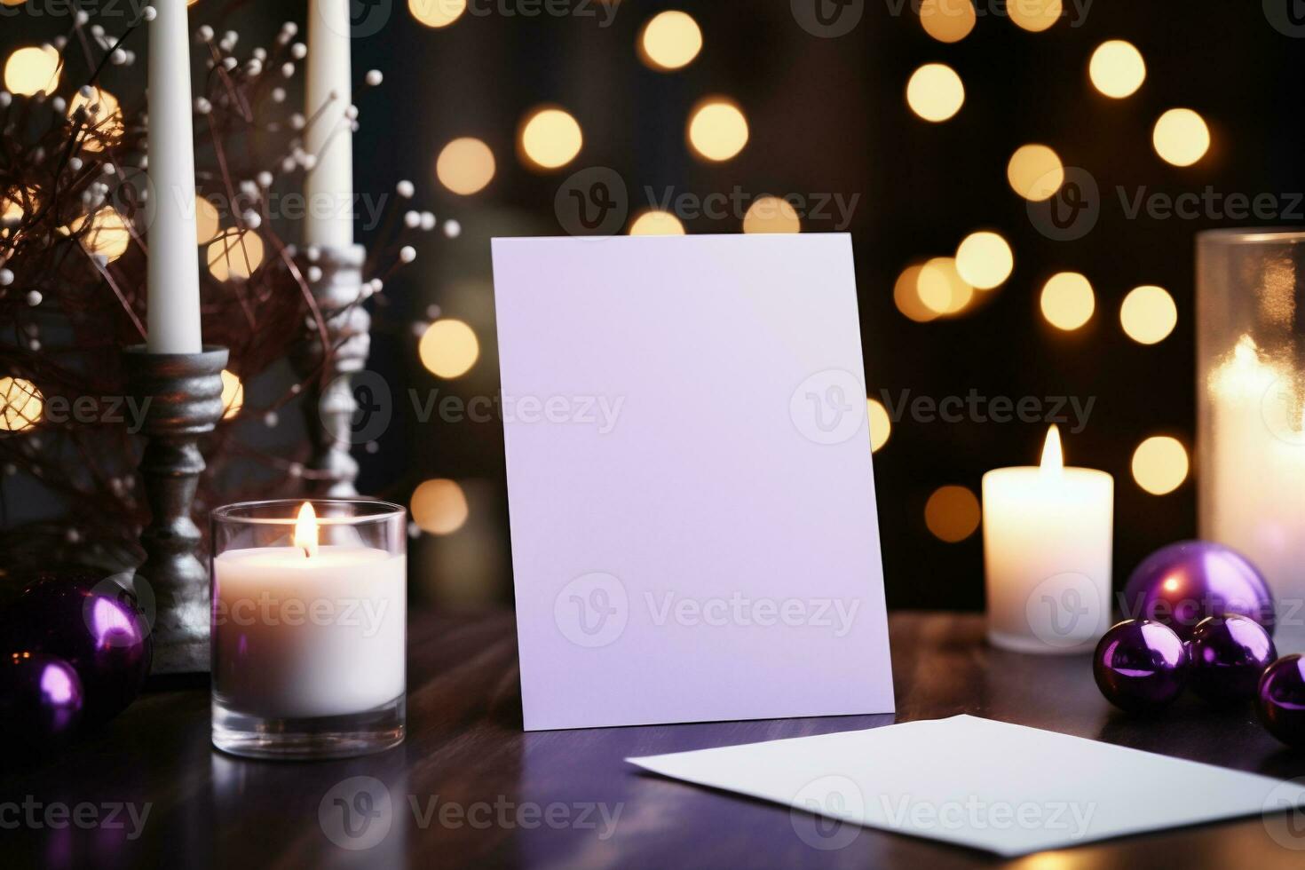 AI generated Blank card with christmas decorations on wooden table against blurred lights photo