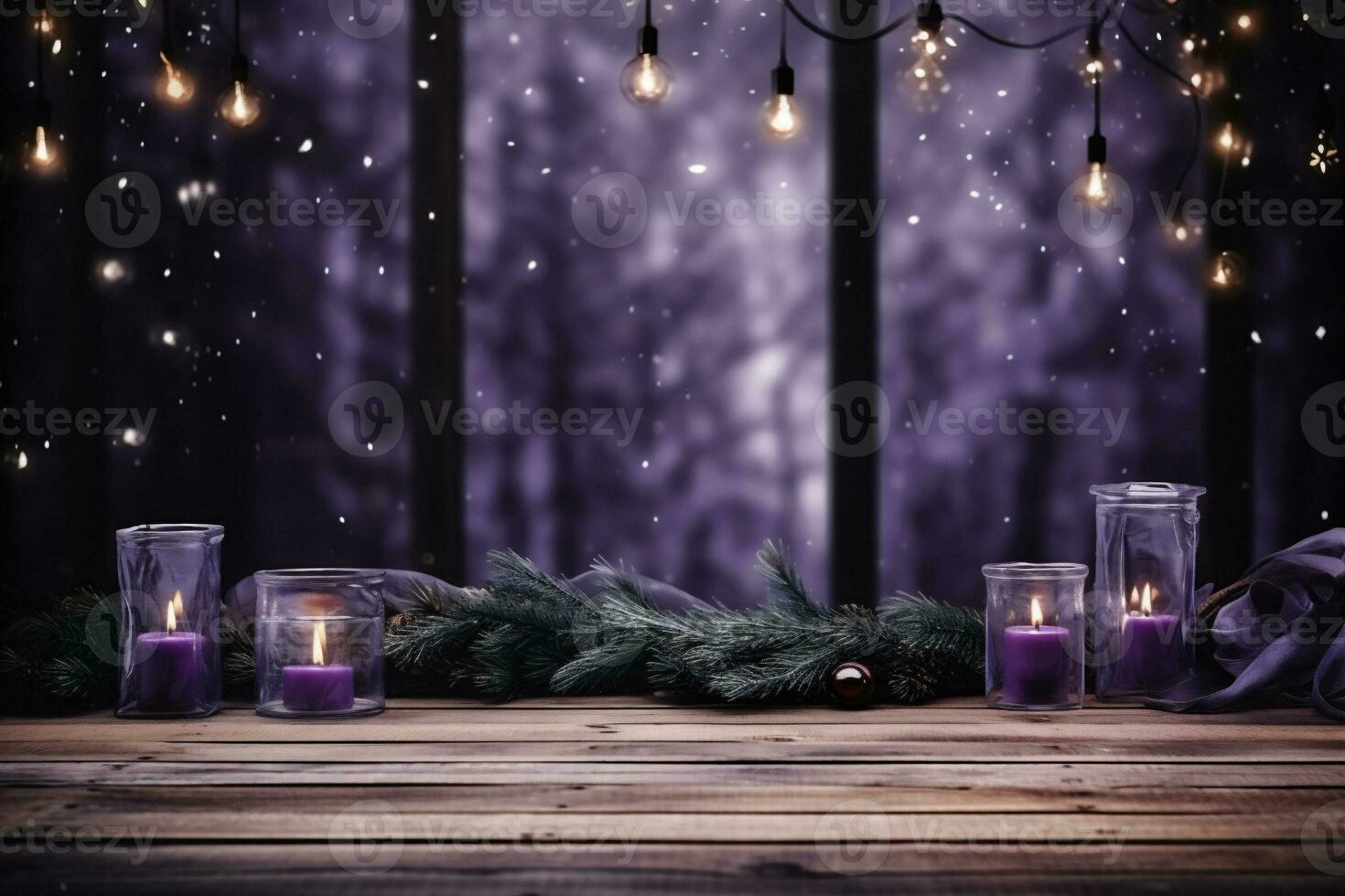 AI generated Christmas background with candles and fir branches on a wooden table. Copy space. photo