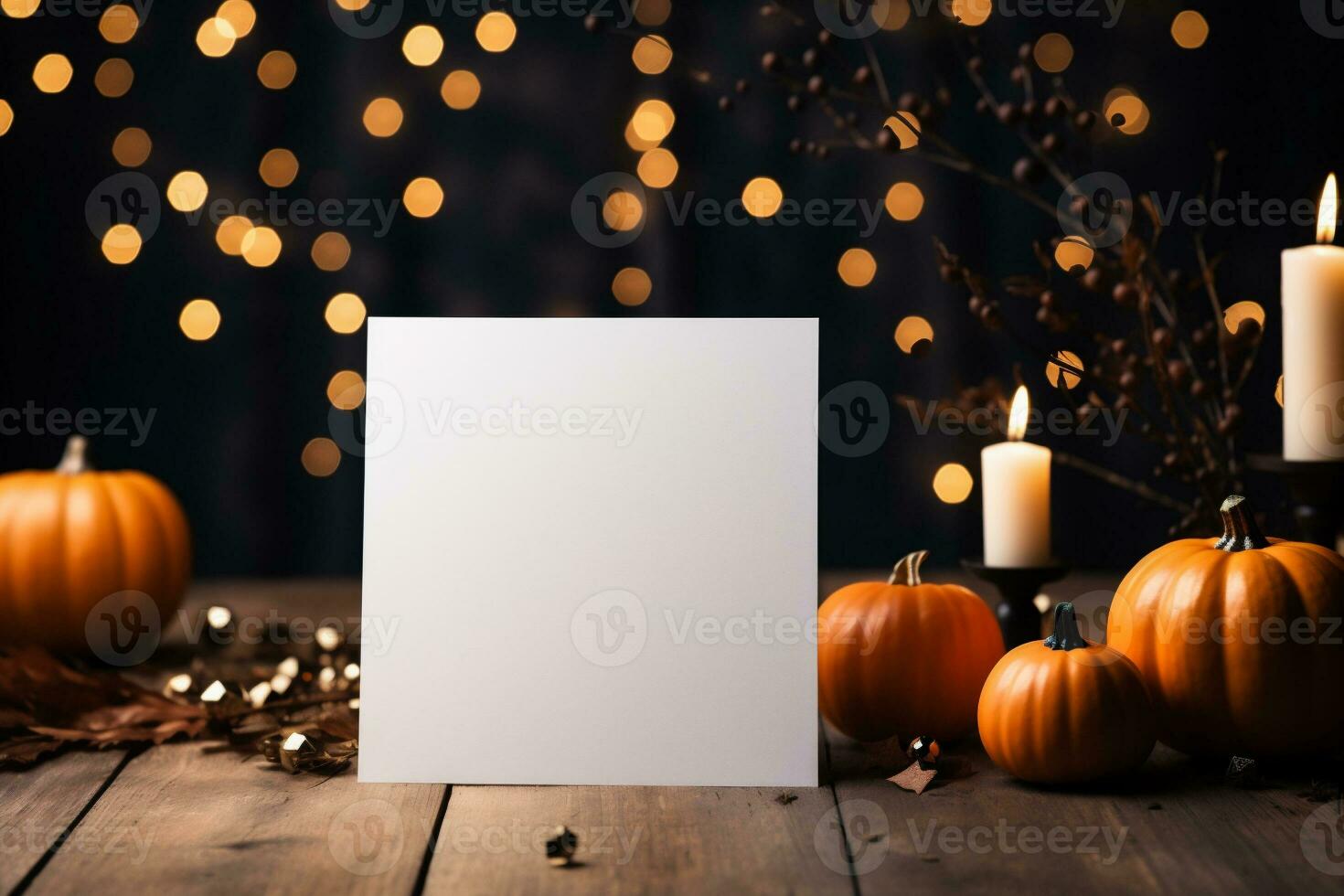 AI generated Halloween card mockup with pumpkins and candles on wooden table photo