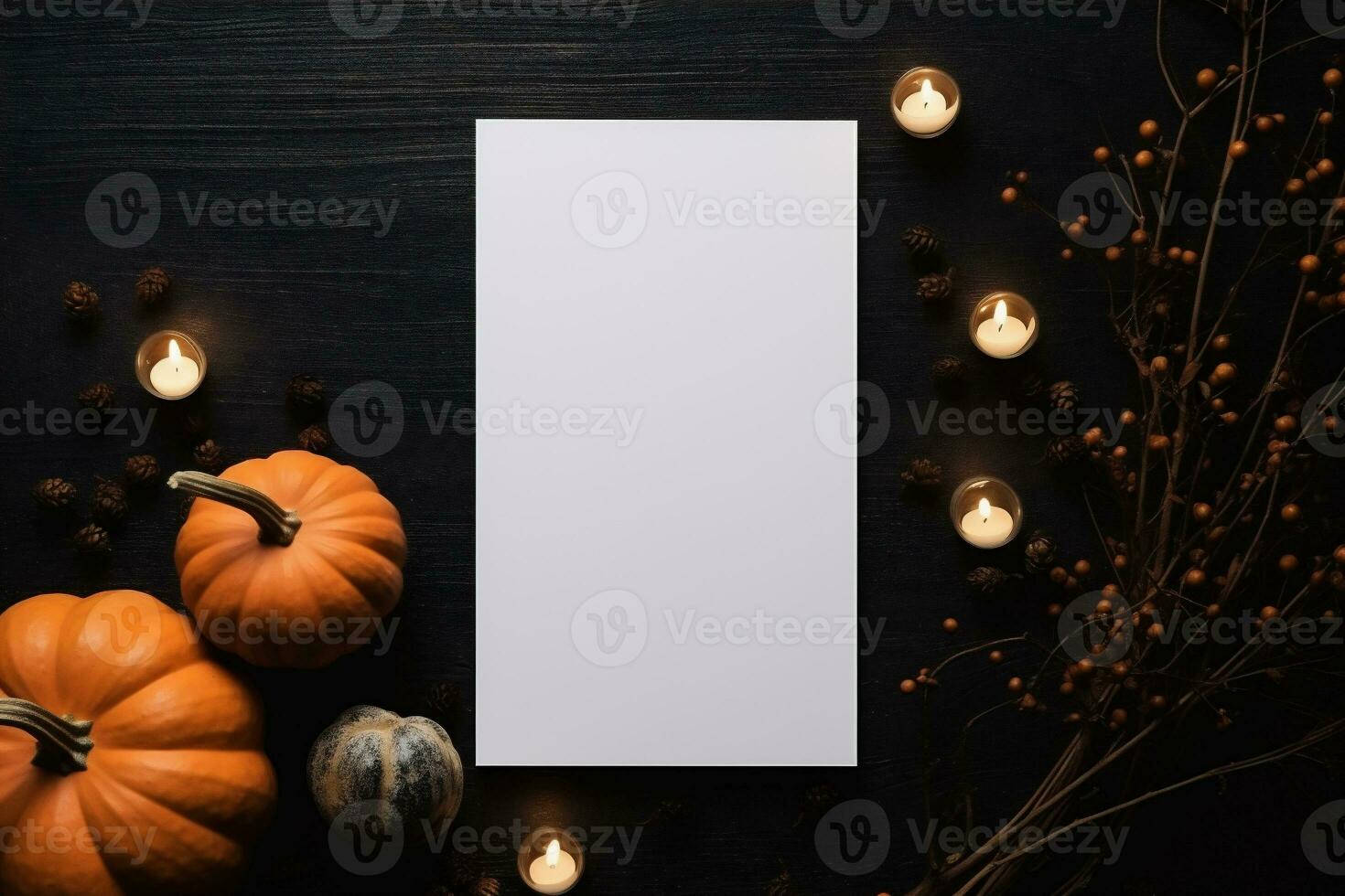 AI generated Halloween background with pumpkins, candles and autumn leaves. Flat lay, top view photo