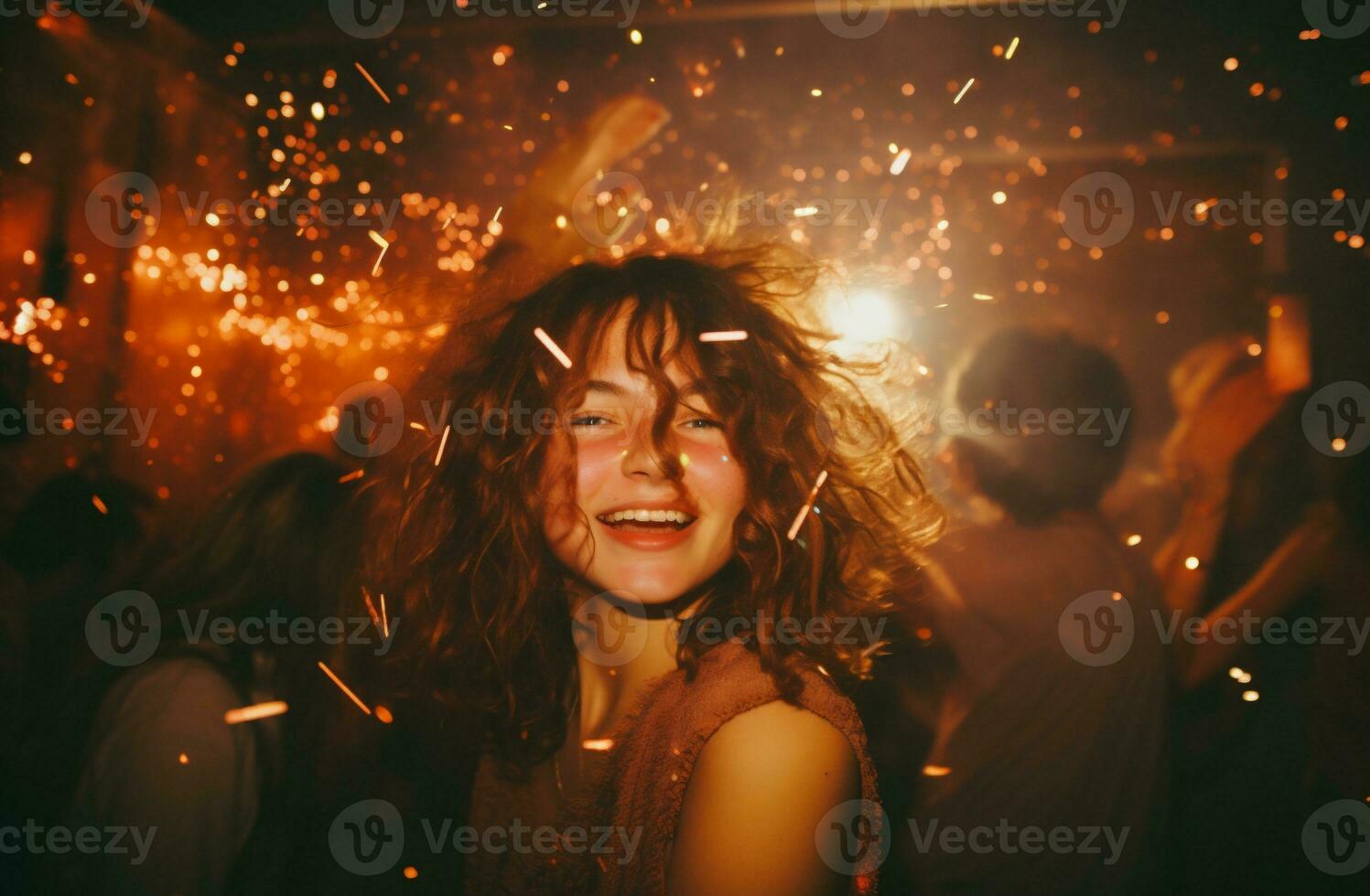 AI generated Portrait of beautiful young woman having fun with confetti in a nightclub photo