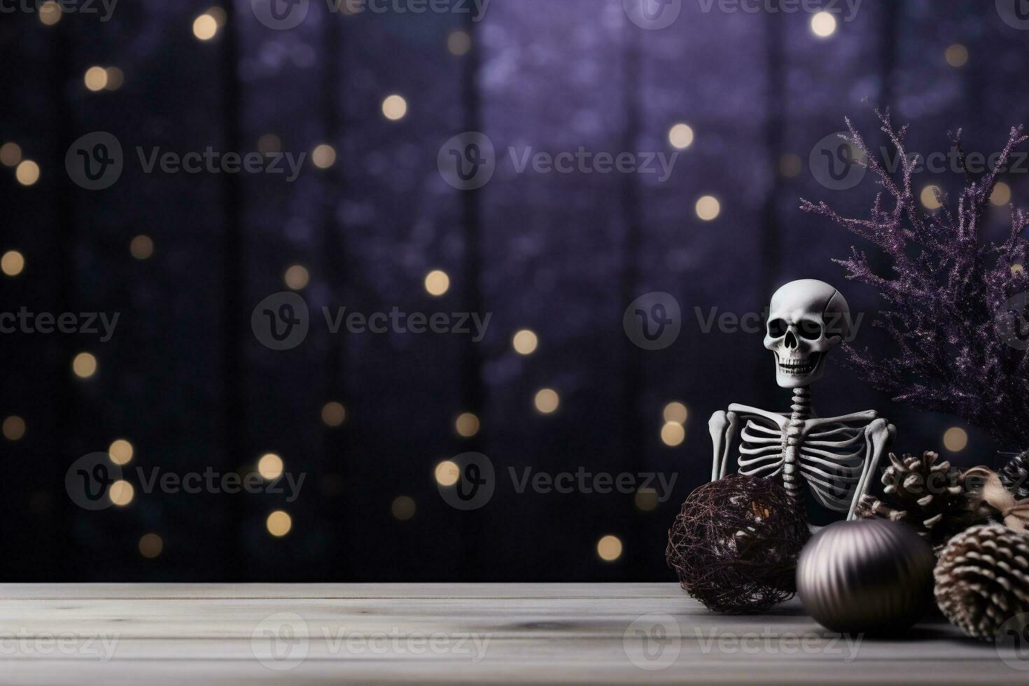 AI generated Halloween decoration on wooden table and bokeh lights background. photo