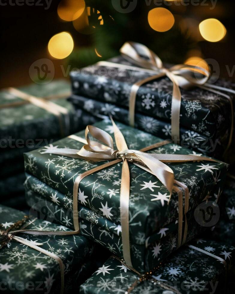 AI generated Christmas gift boxes with golden ribbons on background of bokeh lights photo