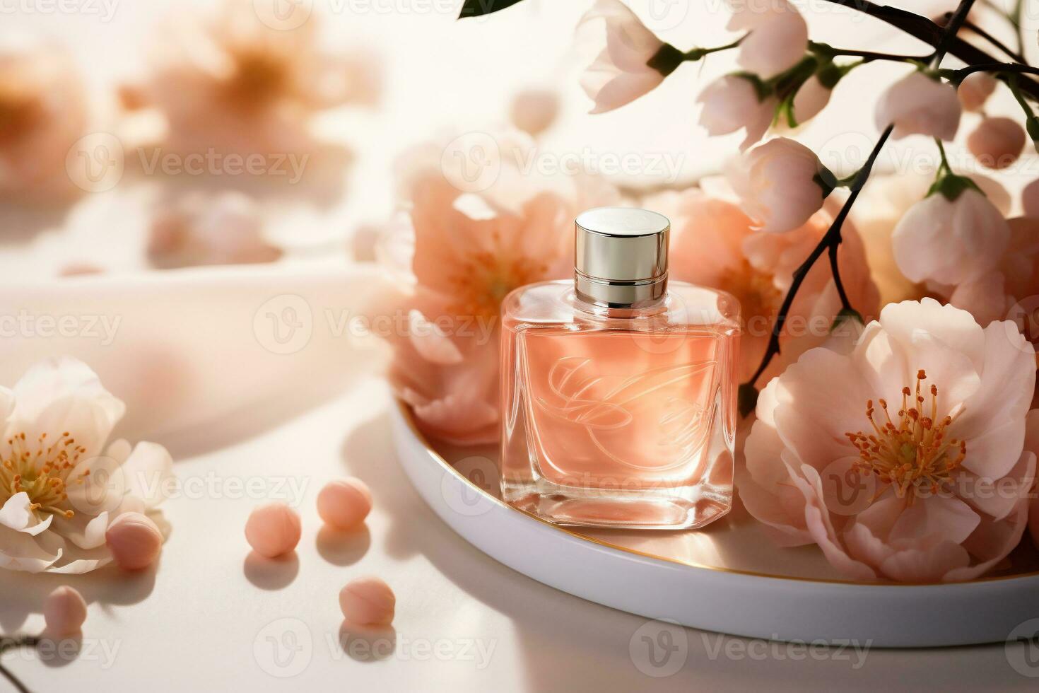 ai generado botella de perfume con hermosa flores en blanco mesa, de cerca foto