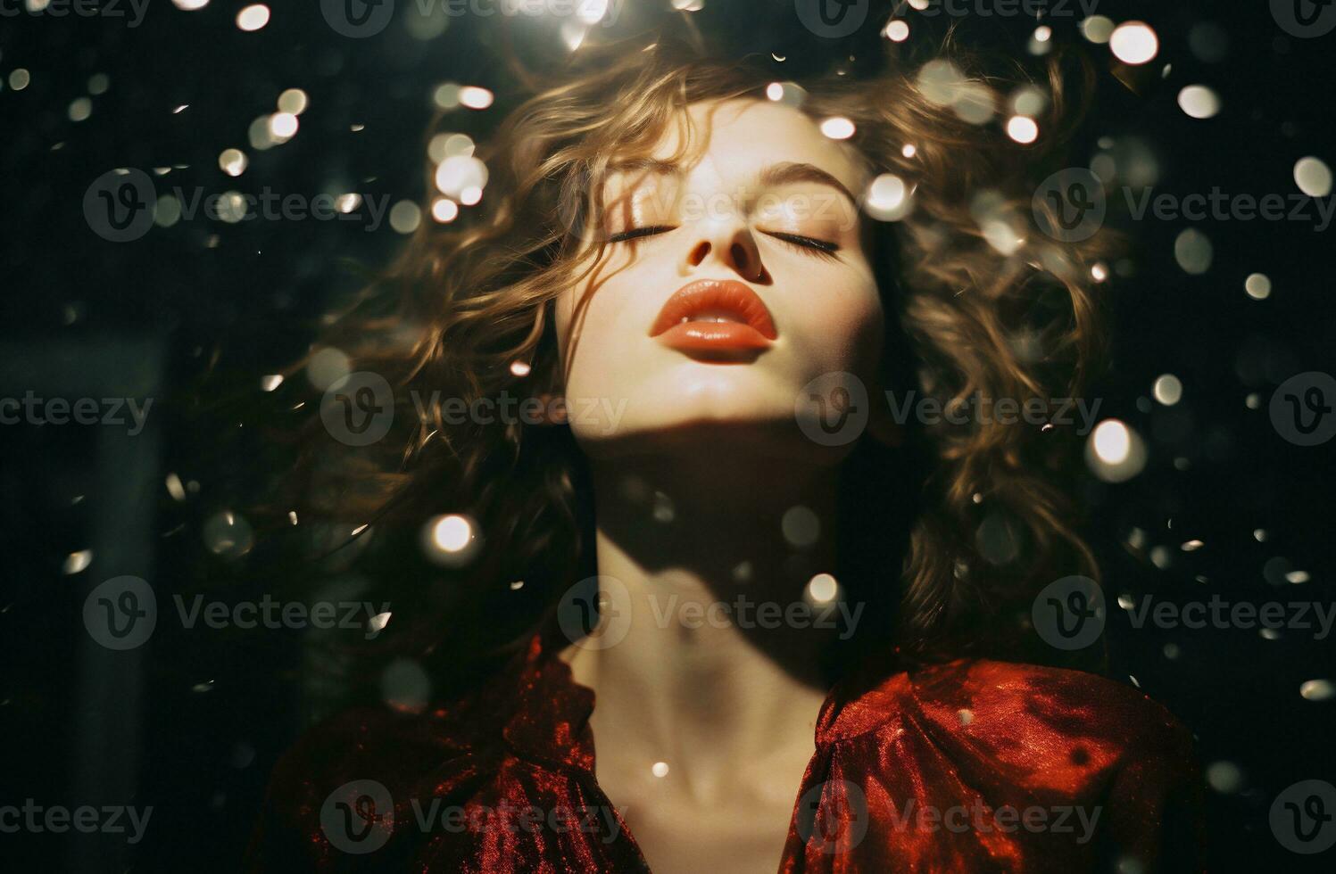 AI generated Portrait of a beautiful girl with curly hair in a red jacket on a dark background. photo