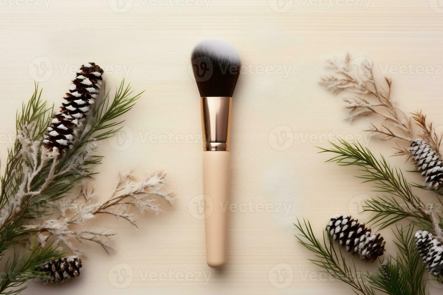 AI generated Makeup brushe with fir branches and cones on wooden background, top view photo