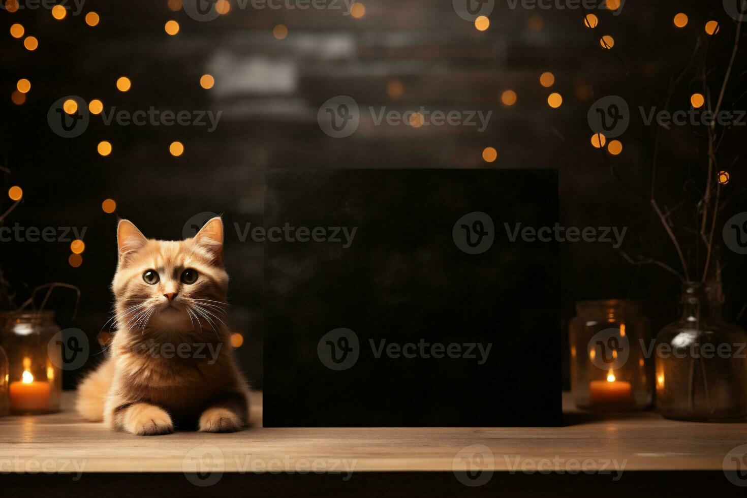 AI generated Cute ginger cat with blank blackboard on table against blurred lights photo