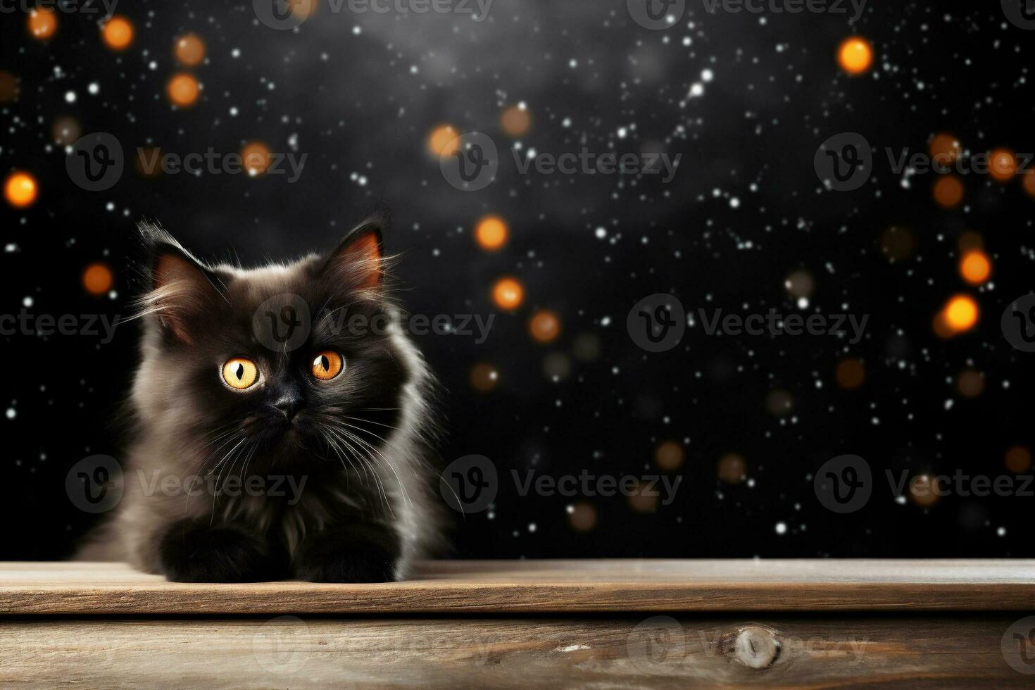 AI generated Persian cat on wooden table against bokeh lights background. Product display mockup photo