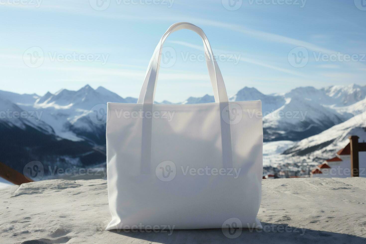 AI generated Tote bag mockup on the background of snow-capped mountains. photo