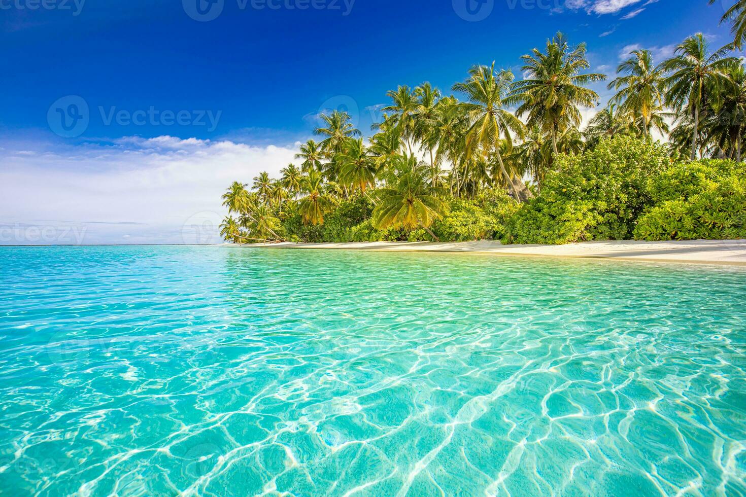 Best summer beach landscape. Tranquil tropical island, paradise coast, sea lagoon, horizon, palm trees and sunny sky over sand waves. Amazing vacation landscape background. Beautiful holiday beach photo