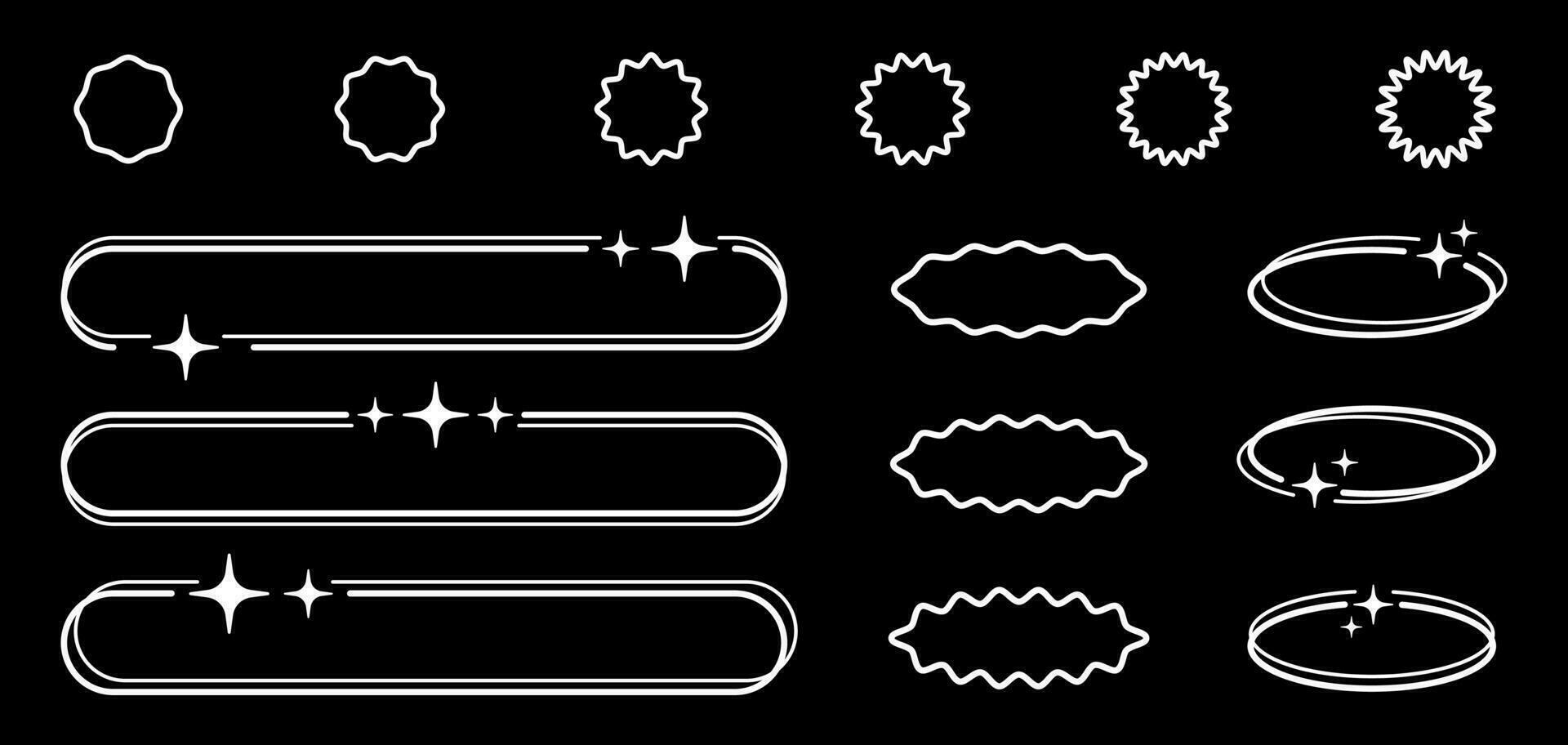 White empty outline frames, picture and text borders, decorative design elements and badges in Y2K aesthetic. Vector illustration.