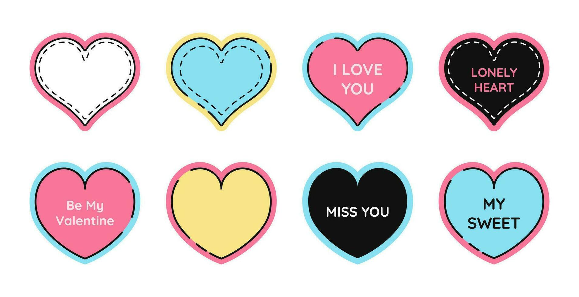 Set of cute heart stickers for Valentine Day decorations, labels and badges with text, lovy symbols. Vector illustration.