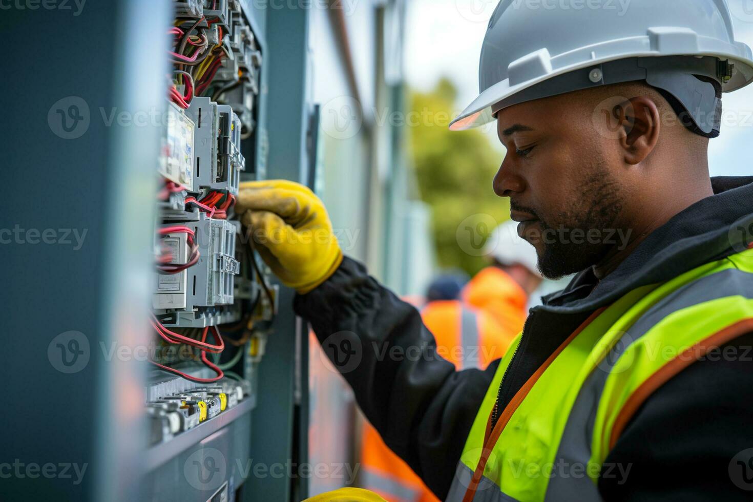 AI generated The engineer, clad in a helmet, diligently works on electrical maintenance, with the electrician and technician checking equipment a skilled repairman ensuring photo
