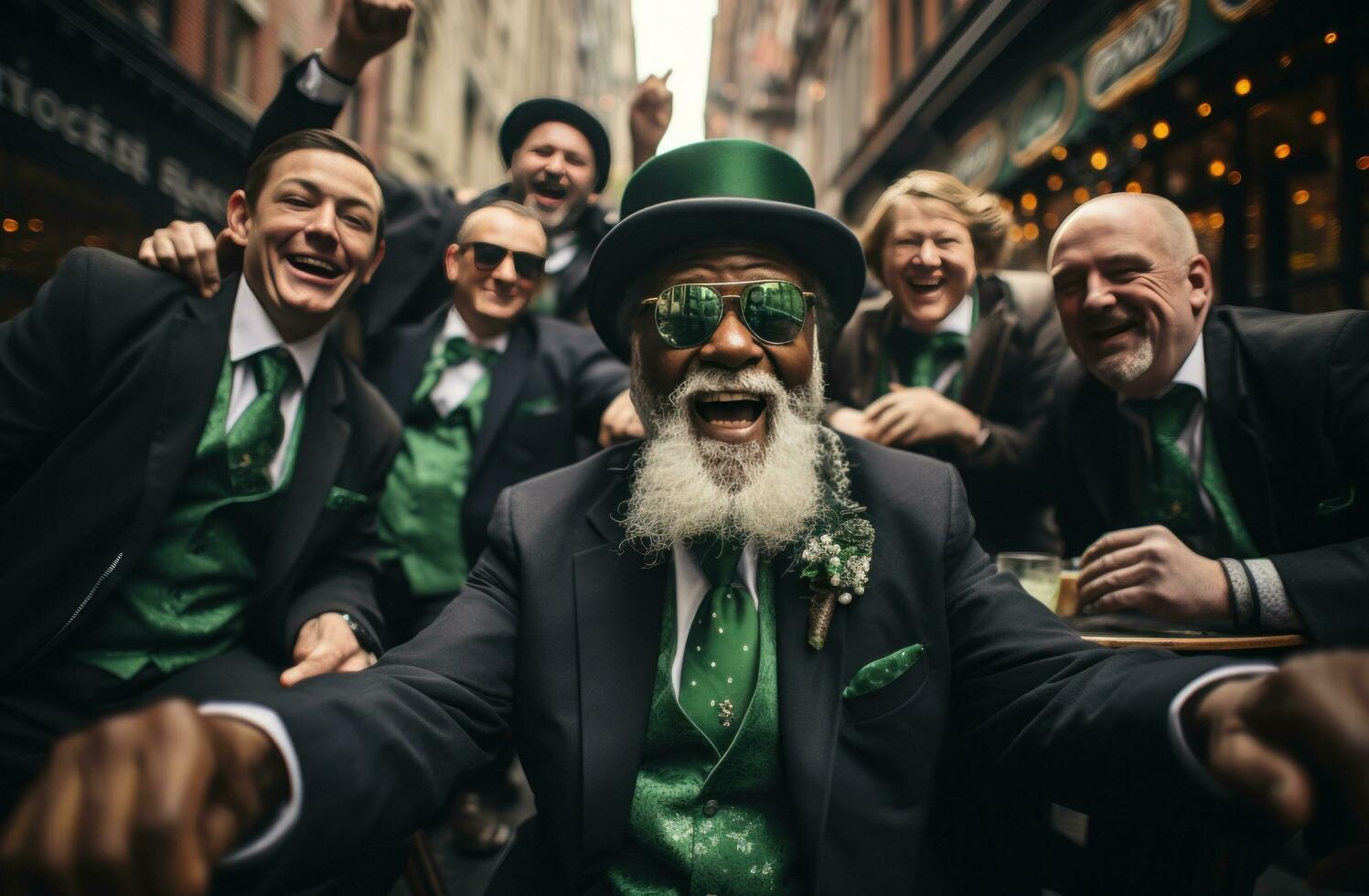 AI generated four elderly saint patrick's day citizens celebrating party with beer on a city street photo