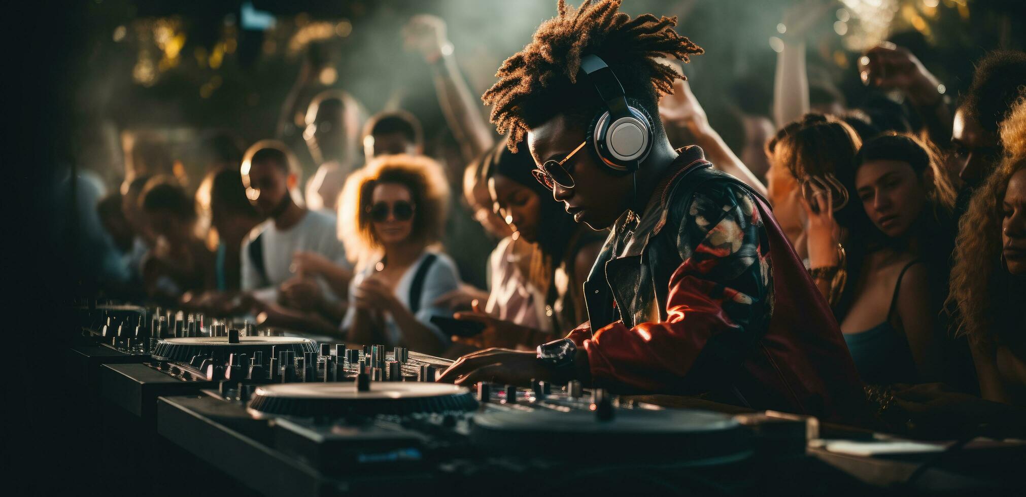 ai generado djs a conciertos con un multitud a el festival foto