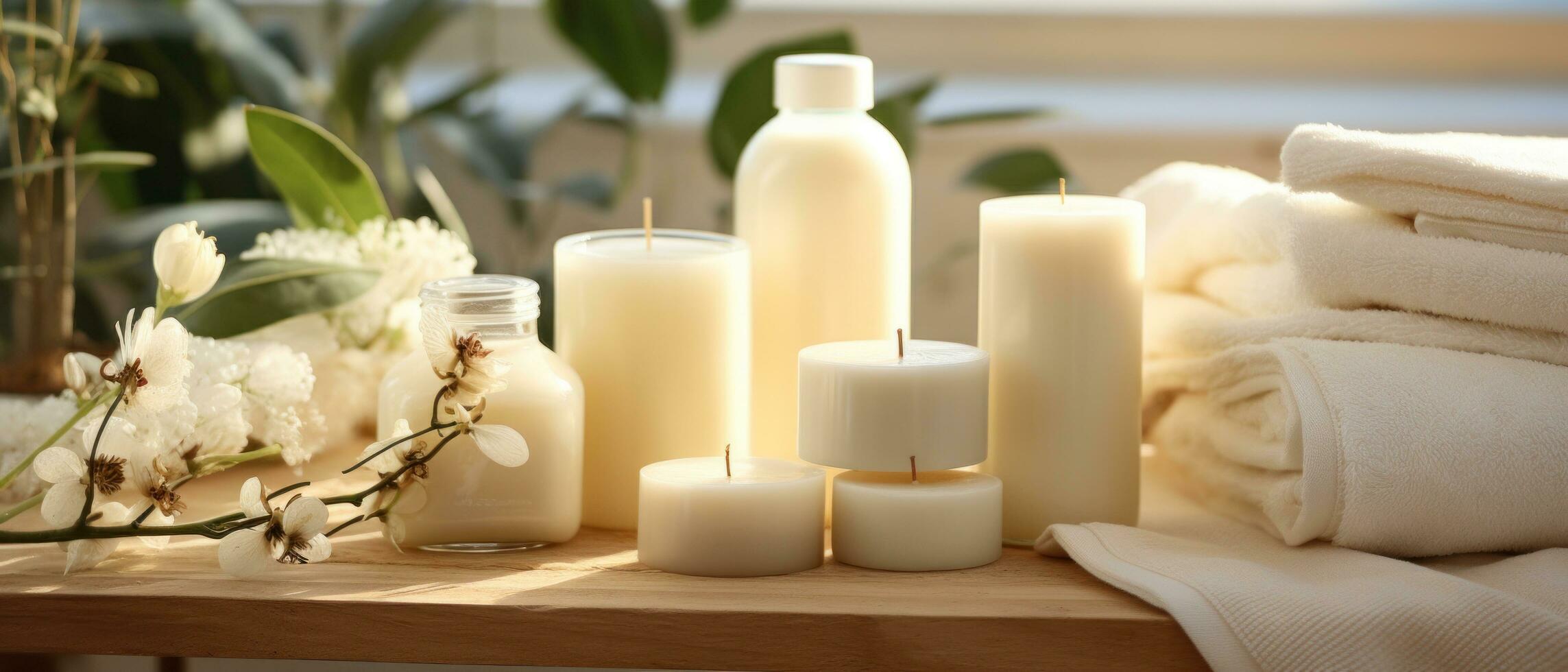 AI generated five products with towels, towels, and soap photo