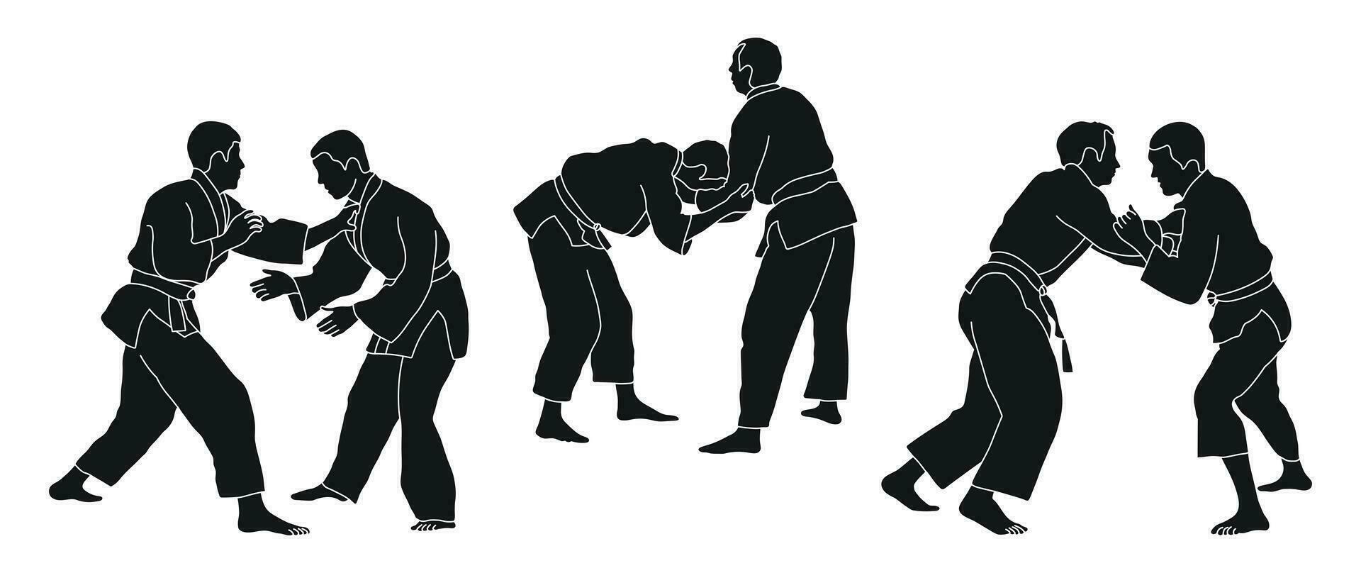 Line sketch judoist, judoka, athlete duel, fight, judo, sport figure vector