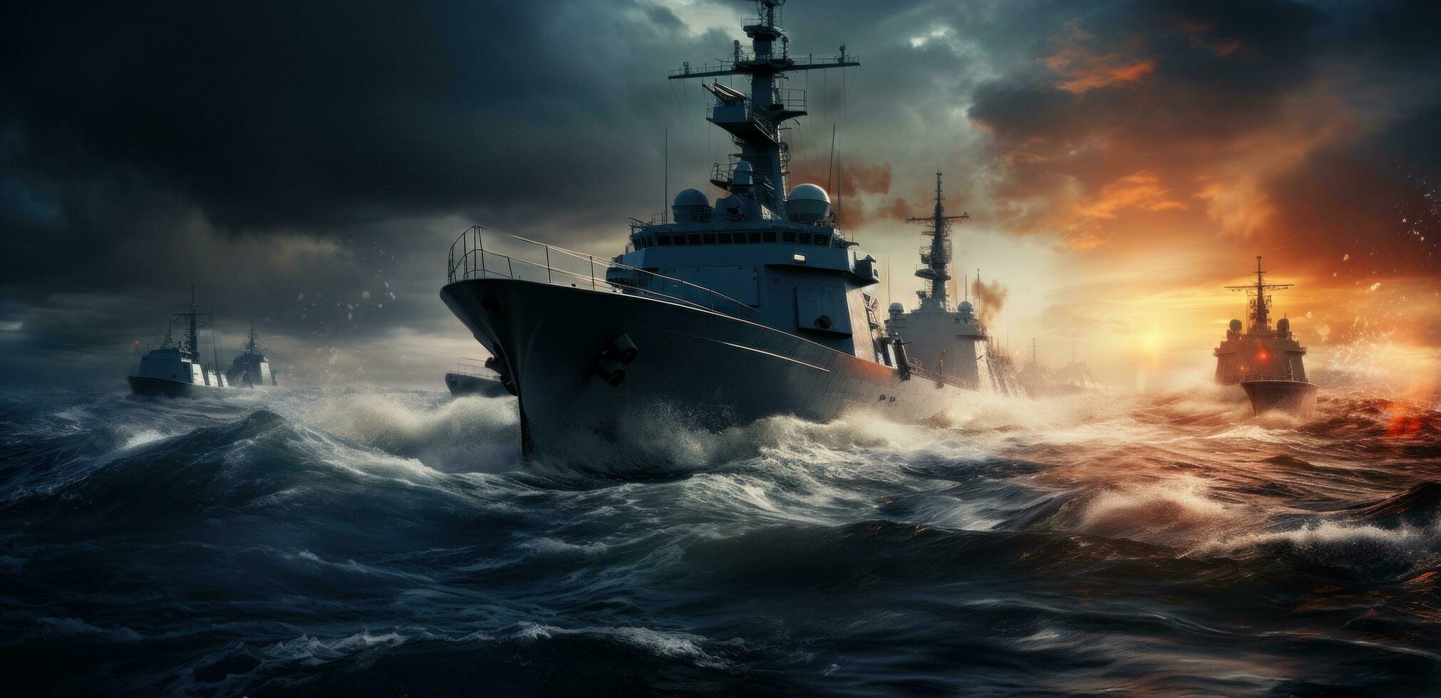 AI generated naval ships moving on the surface of the ocean during stormy day photo