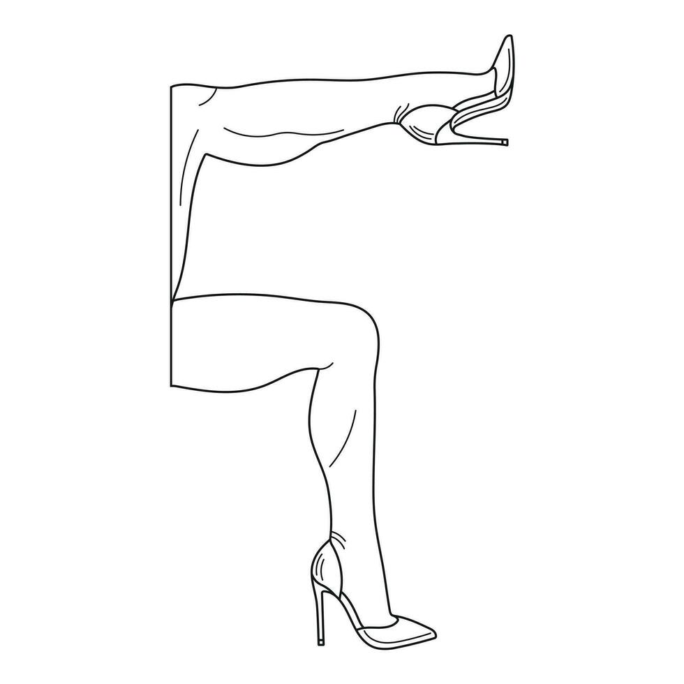 dibujo bosquejo contorno silueta de hembra piernas en un pose. Zapatos tacones de aguja, alto tacones vector