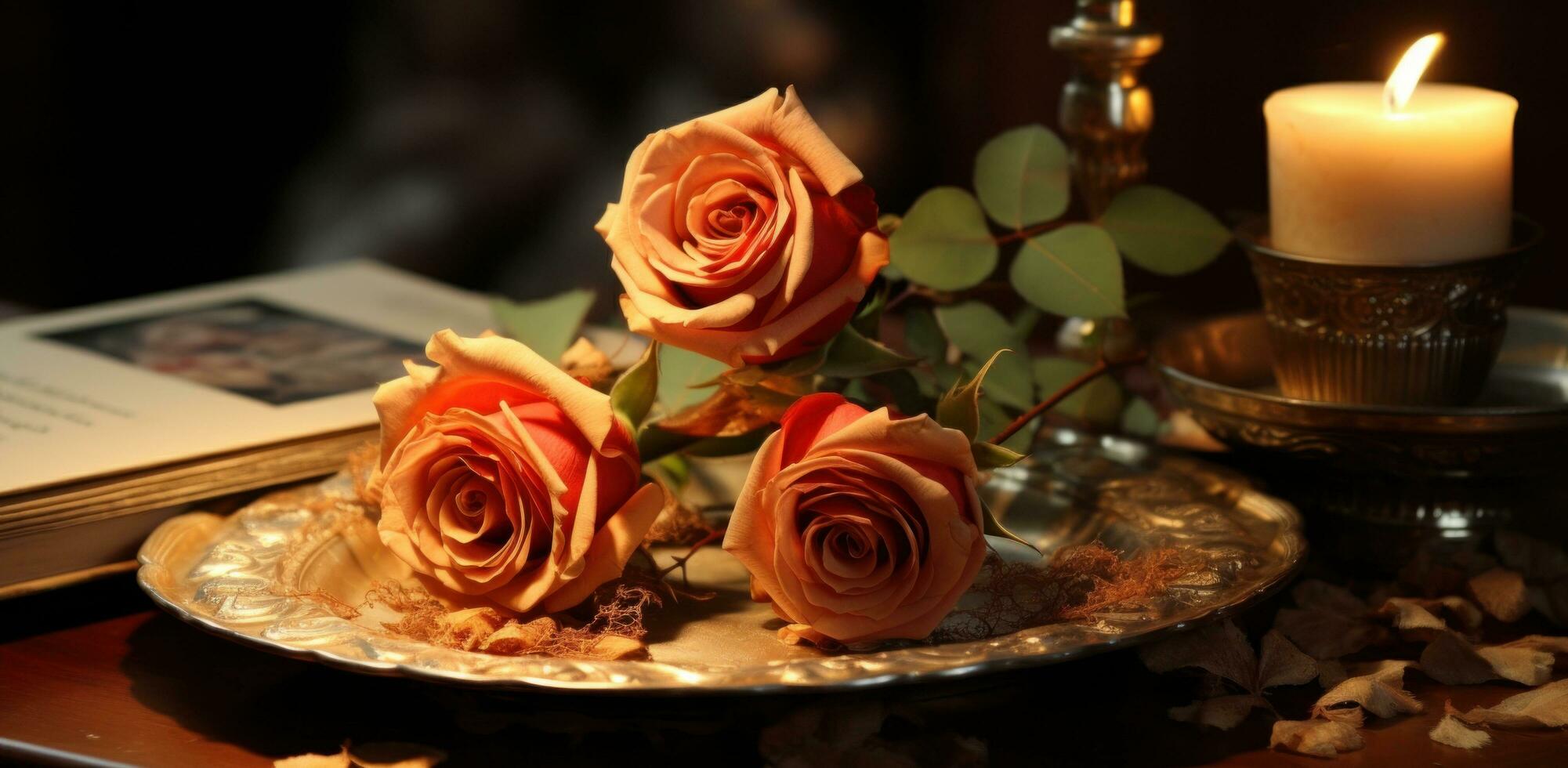 AI generated the plate with a rose and candle is placed on a tray photo