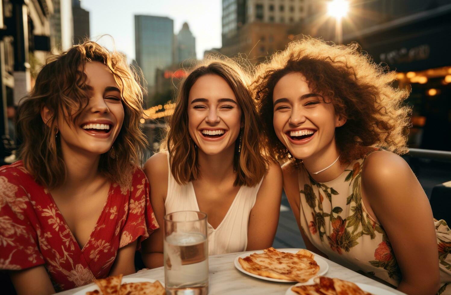 AI generated three young women having a slice of pizza at an outdoor dining table photo