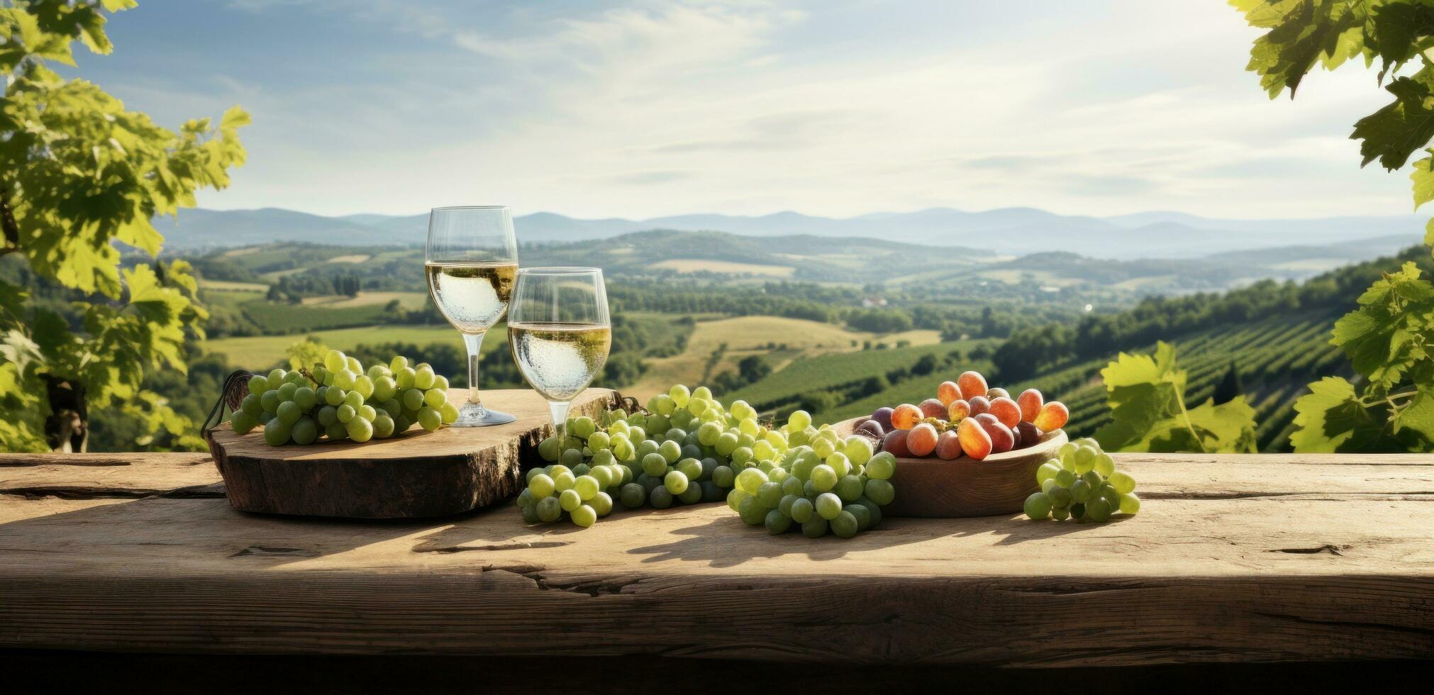 AI generated table with wine and fruit on the ground overlooking a vineyard photo
