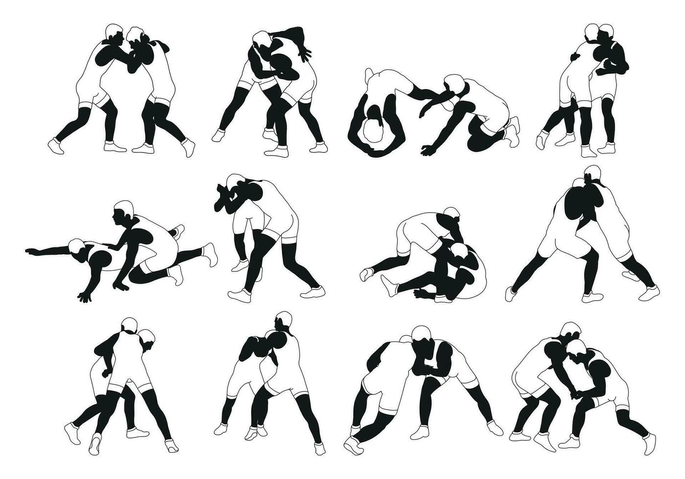 contorno siluetas de Atletas luchadores. greco romano, estilo libre, clásico lucha vector