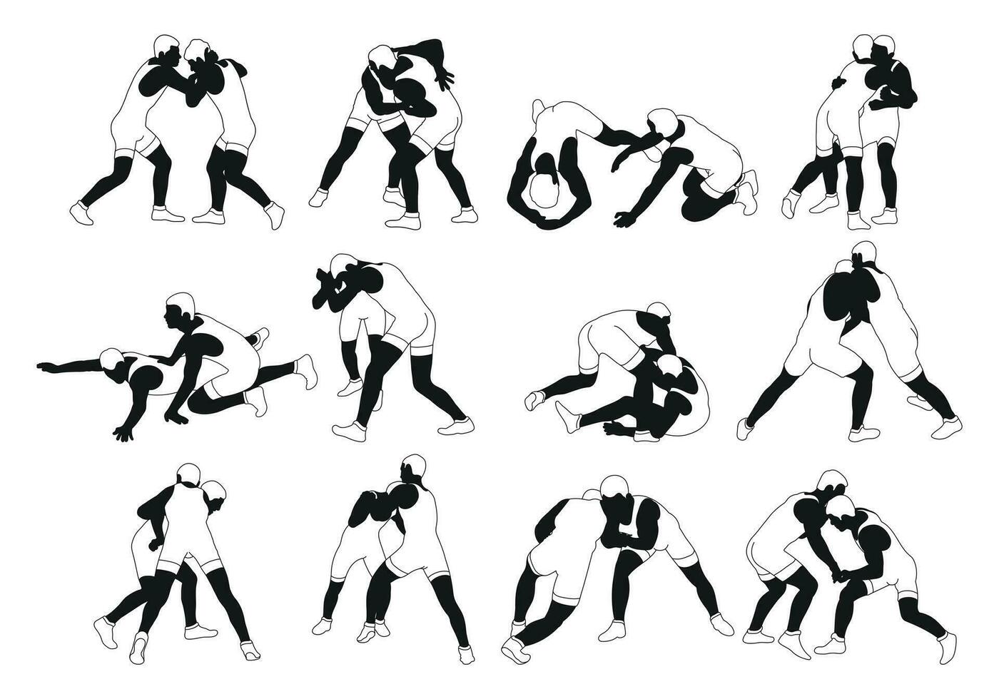 Outline silhouettes of athletes wrestlers. Greco Roman, freestyle, classical wrestling vector