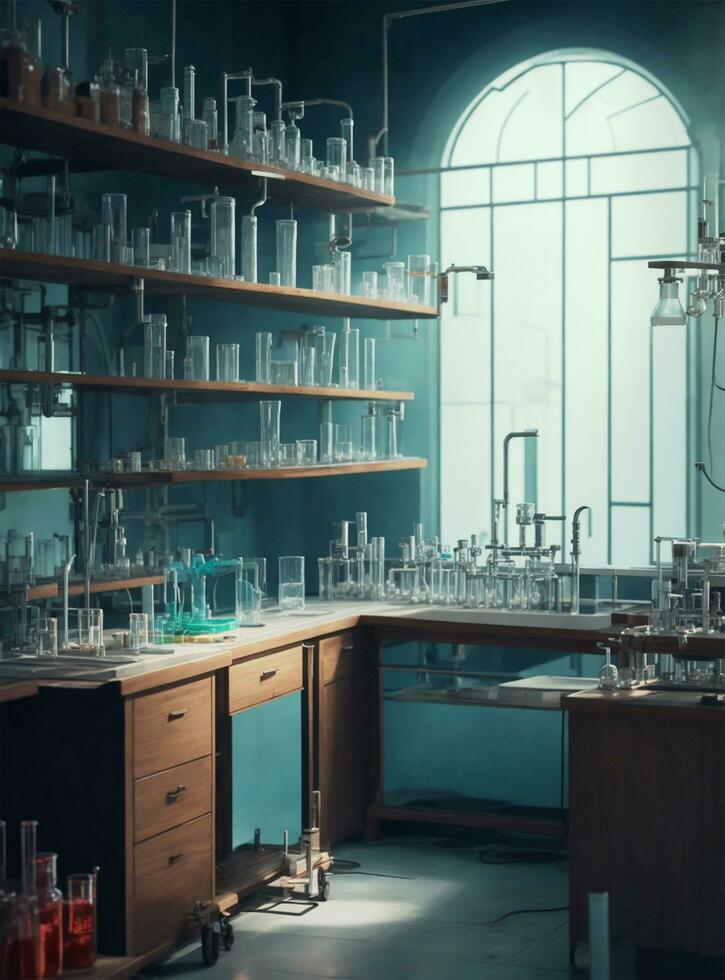 AI generated Science laboratory research and development concept. Microscope, test tubes. photo