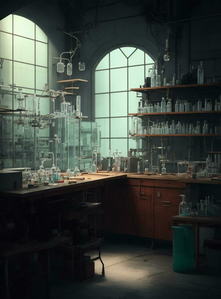 AI generated Science laboratory research and development concept. Microscope, test tubes. photo