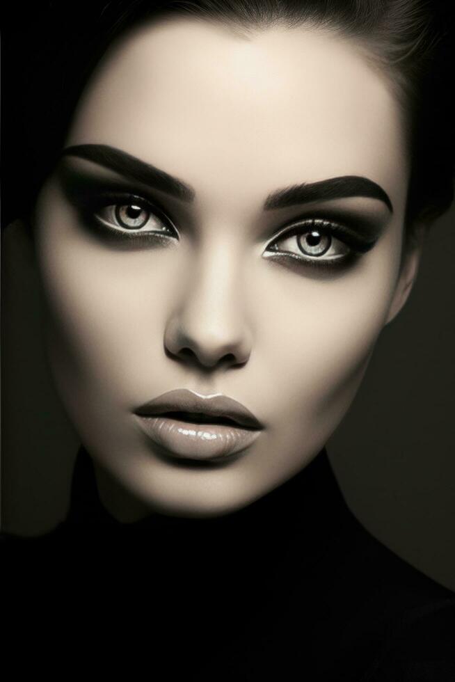 AI generated A black and white image of a model's face with a dramatic winged eyeliner and long lashes photo